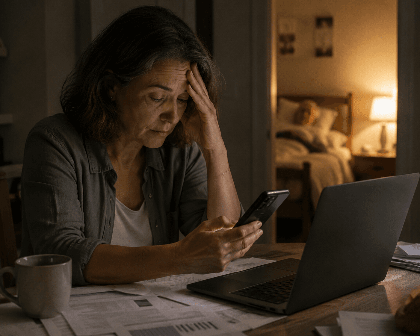 Middle-aged caregiver working late at a home desk while an elderly parent rests nearby
