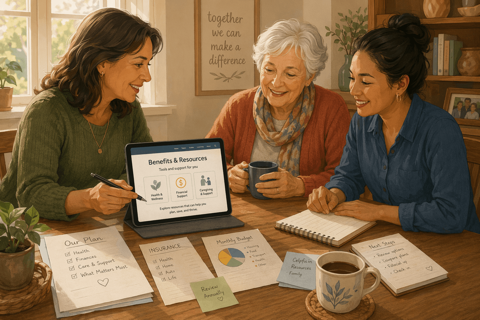A multigenerational family seated around a wooden kitchen table with papers, a tablet, and a coffee cup, planning care together.
