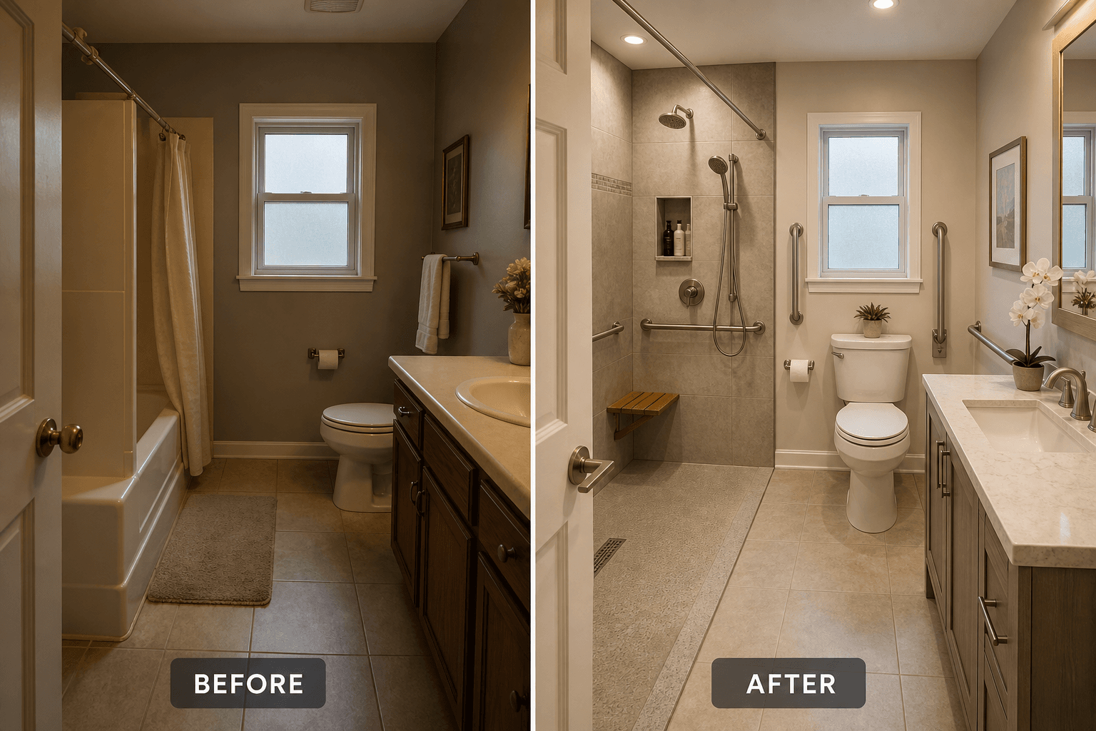 Split-view bathroom scene showing a before-and-after transformation: left side shows an outdated bathroom with a high-step tub, round doorknobs, and dark corners suggesting fall risk; right side shows the same space converted to a bright curbless walk-in shower with built-in teak bench, handheld showerhead, brushed nickel grab bars, comfort-height toilet, lever faucet, and slip-resistant tile flooring in warm beige tones with natural light from a frosted window.