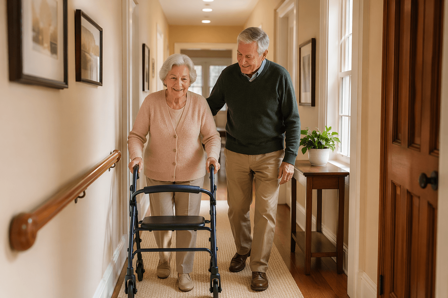 A man in his late 60s walks beside his wife in a bright, clutter-free home hallway. The wife uses a walker and walks steadily while the husband gently supports her with a hand on her back. A wooden grab bar is mounted on the wall, the floor has a non-slip mat, and overhead lighting keeps the hallway well-lit.