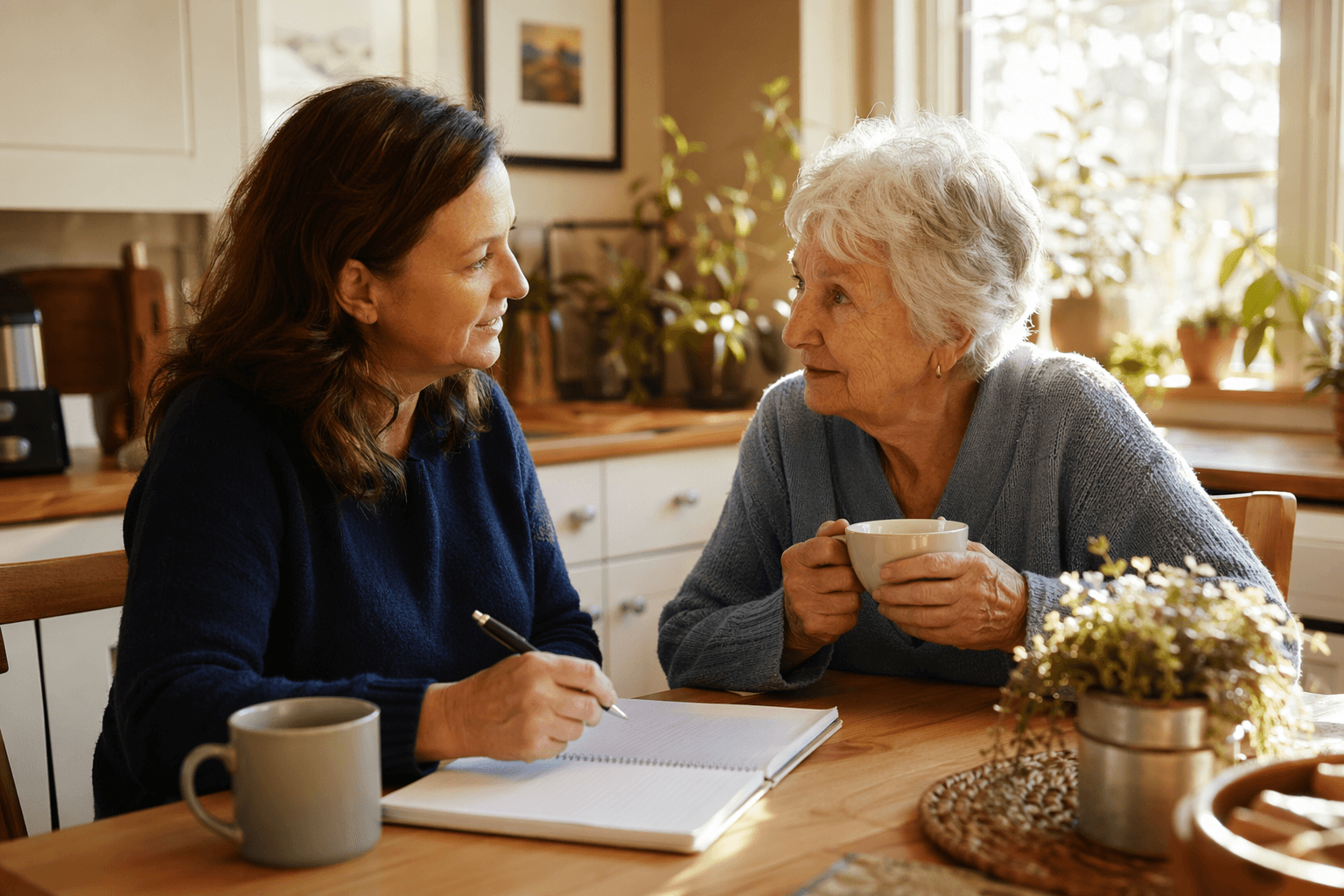 An adult child in their 40s sits at a sunlit kitchen table across from an elderly parent, speaking calmly with a notebook and pen nearby while the parent holds a cup of tea, conveying a warm and collaborative caregiving conversation.