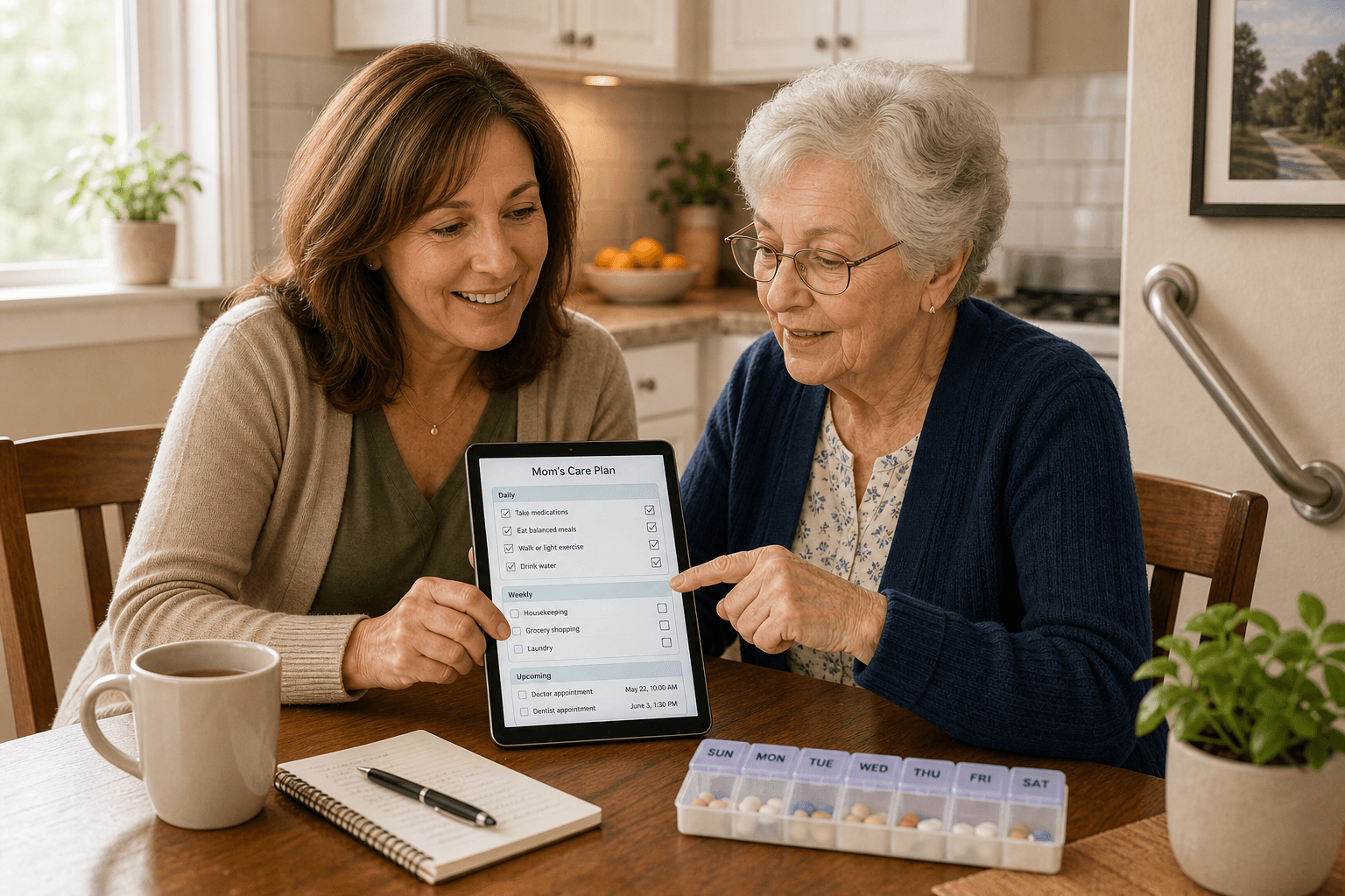 A middle-aged daughter and her elderly mother sit at a kitchen table, looking together at a tablet displaying a checklist interface.