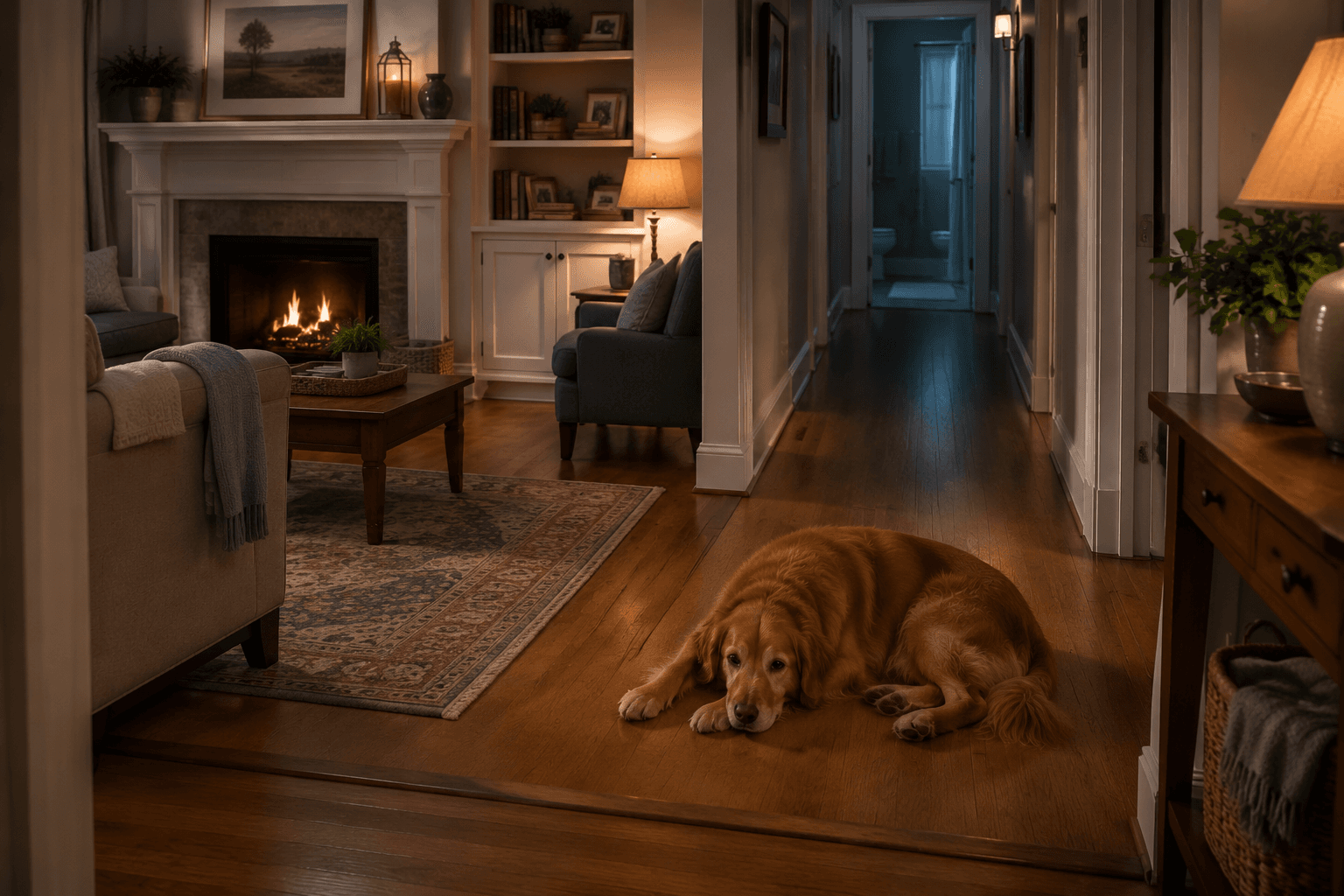 Seemingly safe living room and hallway with a dog near the hallway entrance, a doorway threshold, dim lighting, and loose fabric near a heat source