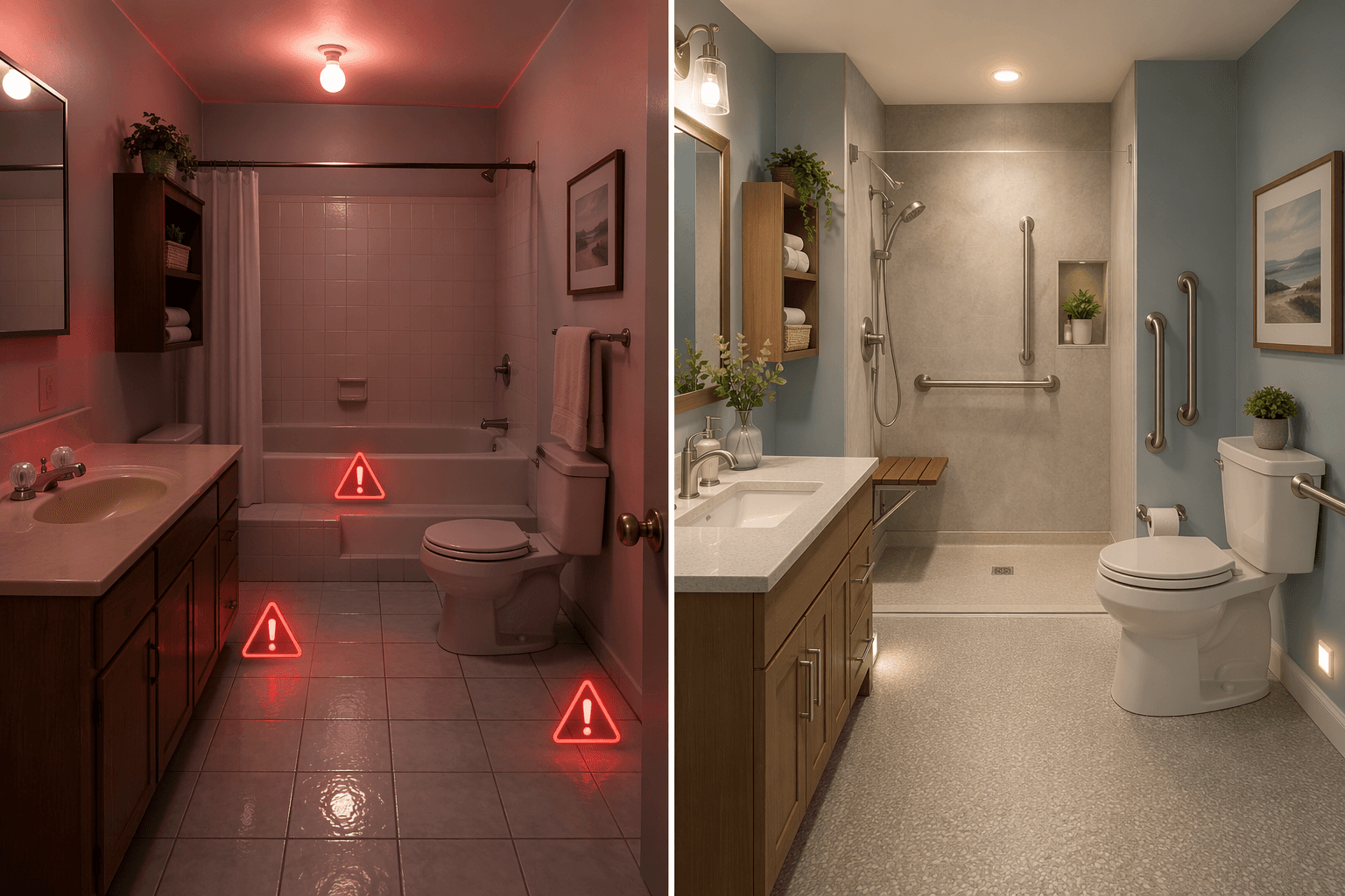 Split illustration of a bathroom before and after an accessible remodel: left side shows a hazardous bathroom with high-step tub, glossy tile, dim lighting, round faucet handles, and standard toilet without grab bars, with a subtle red hazard overlay; right side shows the same bathroom transformed with a zero-threshold walk-in shower, teak bench, handheld shower on a slide bar, brushed-nickel grab bars, comfort-height toilet, textured non-slip flooring, baseboard-level motion-sensor night lights, and a lever-handle faucet.
