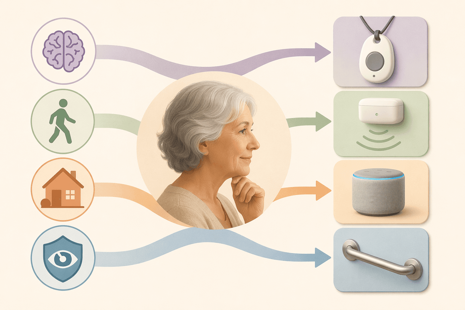 Illustration showing cognitive status, mobility, living situation, and privacy comfort matching to home safety product categories