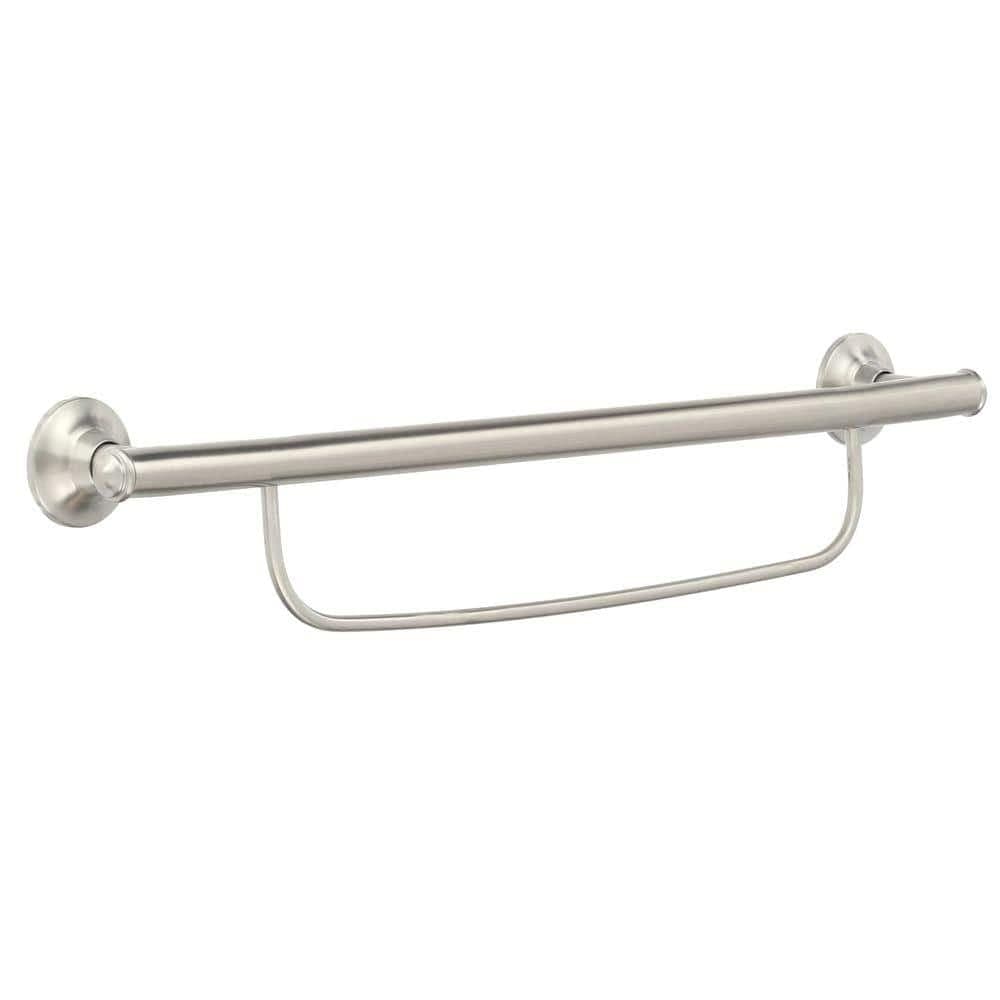 A Moen Home Care 24-inch brushed nickel grab bar with an integrated towel bar on top, photographed on a white background, showing the product's dual function as both a safety grab bar and a decorative towel rack.