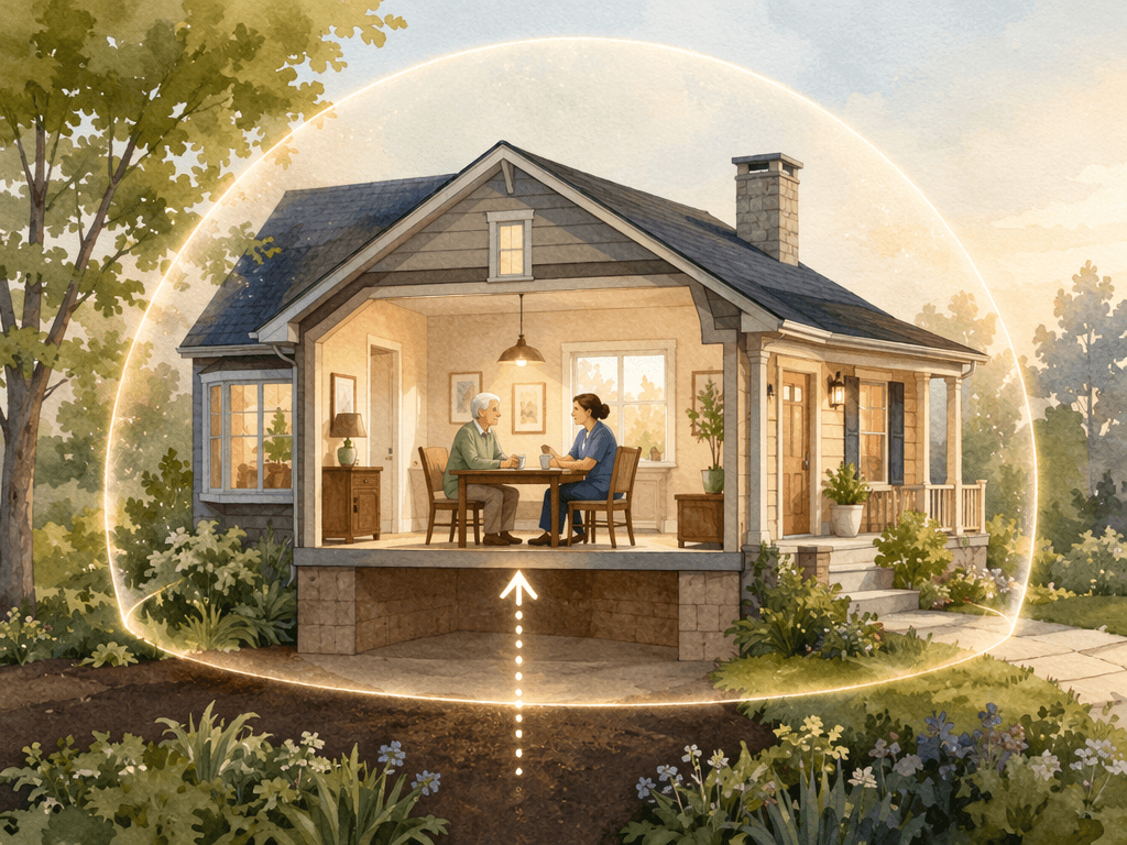 Editorial illustration of a single-family house with a protective glow and a cutaway view showing a caregiver and senior seated at a dining table.