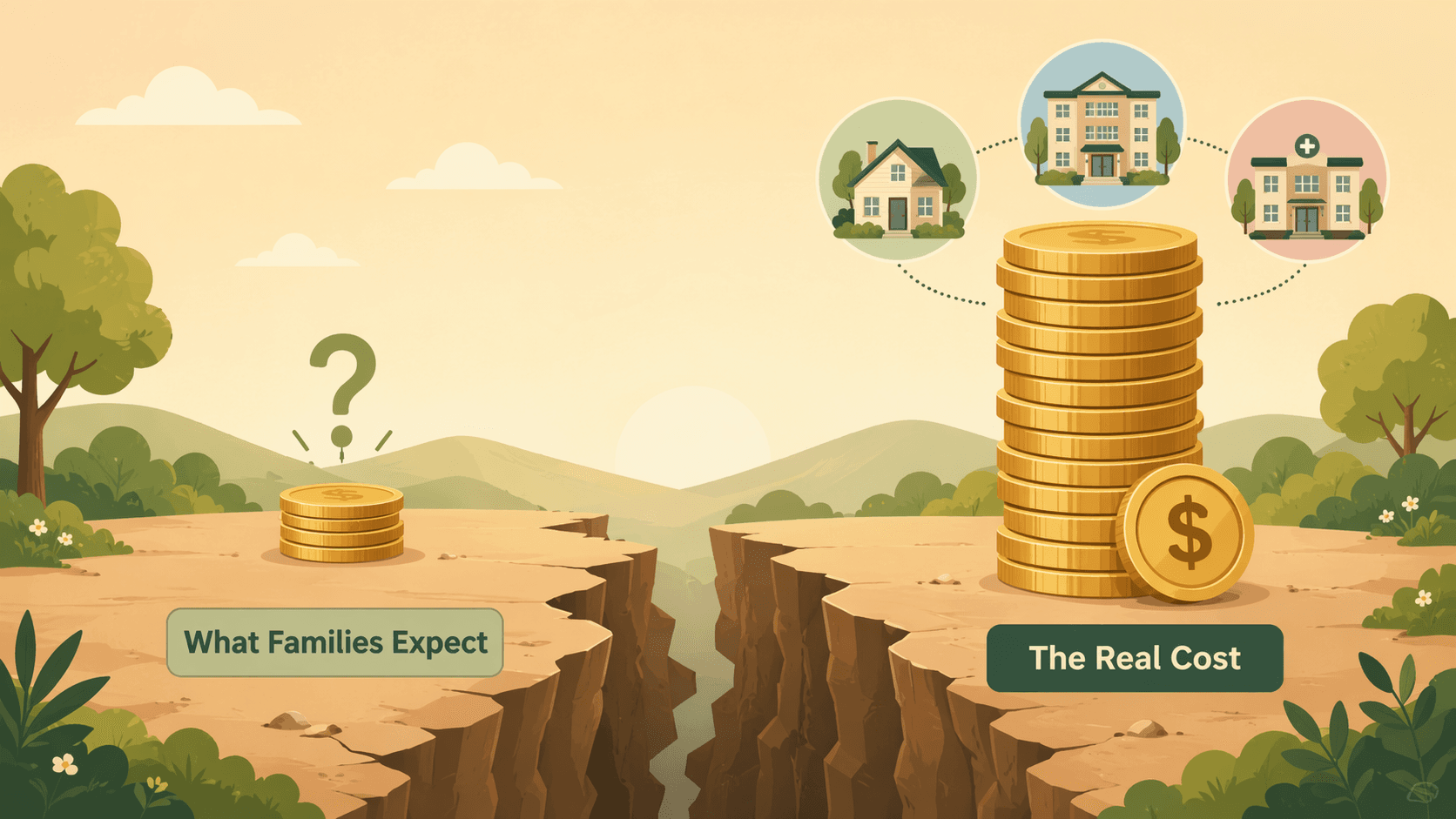 A flat vector illustration showing a widening gap between a small coin stack labeled 'What Families Expect' on the left and a tall coin stack with home, assisted living, and nursing home icons on the right labeled 'The Real Cost' — set against a warm earth-tone background.