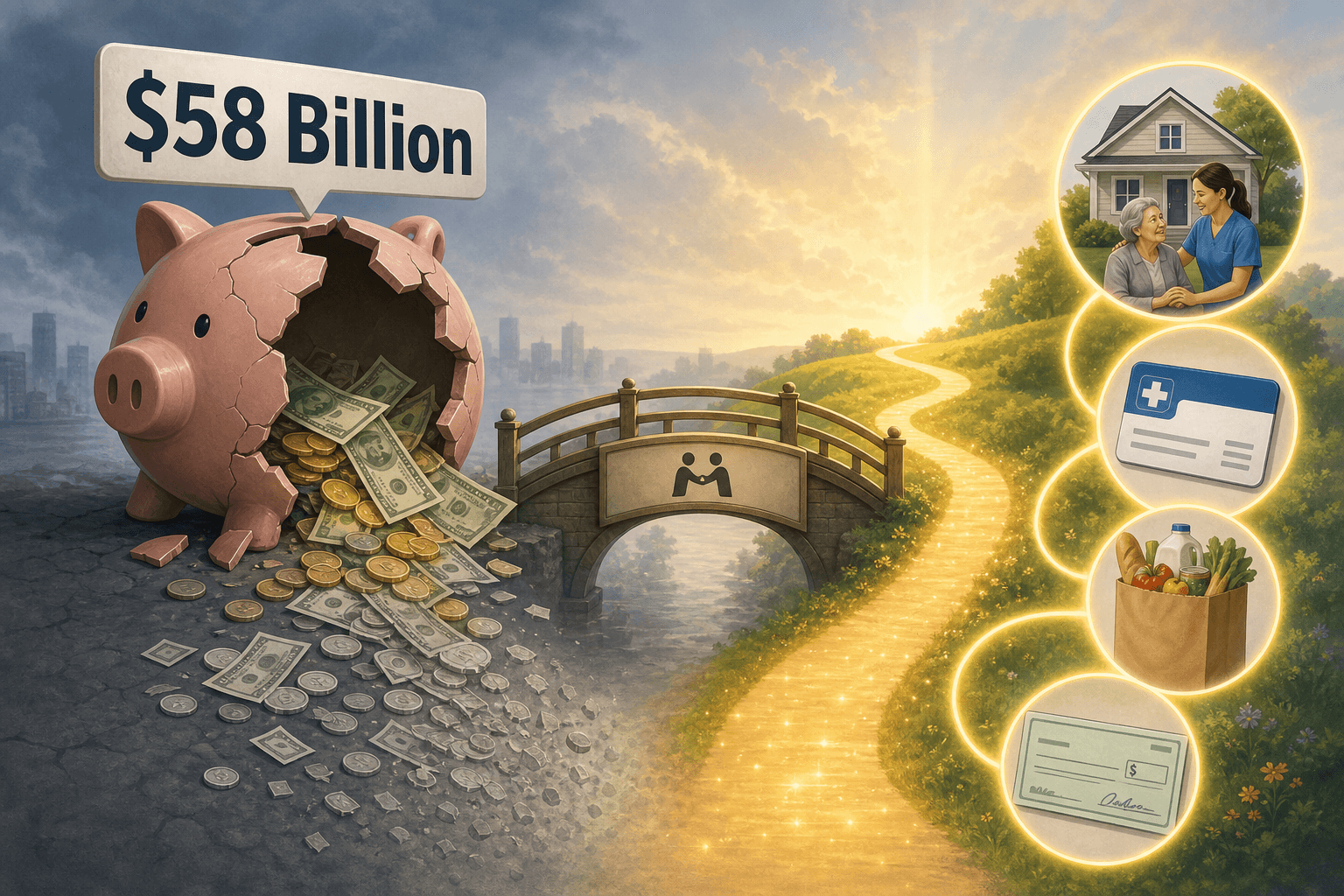 An editorial illustration showing a large broken piggy bank labeled '$58 Billion' with coins spilling out and fading away on the left, and a glowing pathway on the right leading to benefit program icons including a home caregiver, medical card, grocery bag, and check symbol.