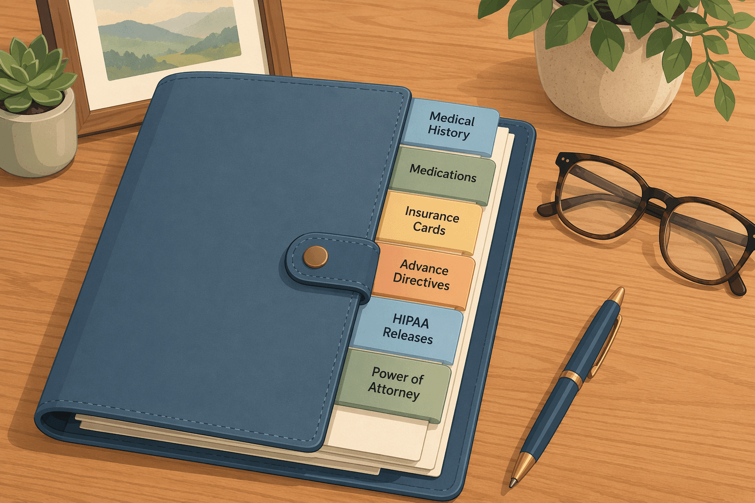 An open binder on a wooden table with labeled divider tabs for Medical History, Medications, Insurance Cards, Advance Directives, HIPAA Releases, and Power of Attorney, with reading glasses and a pen beside it.