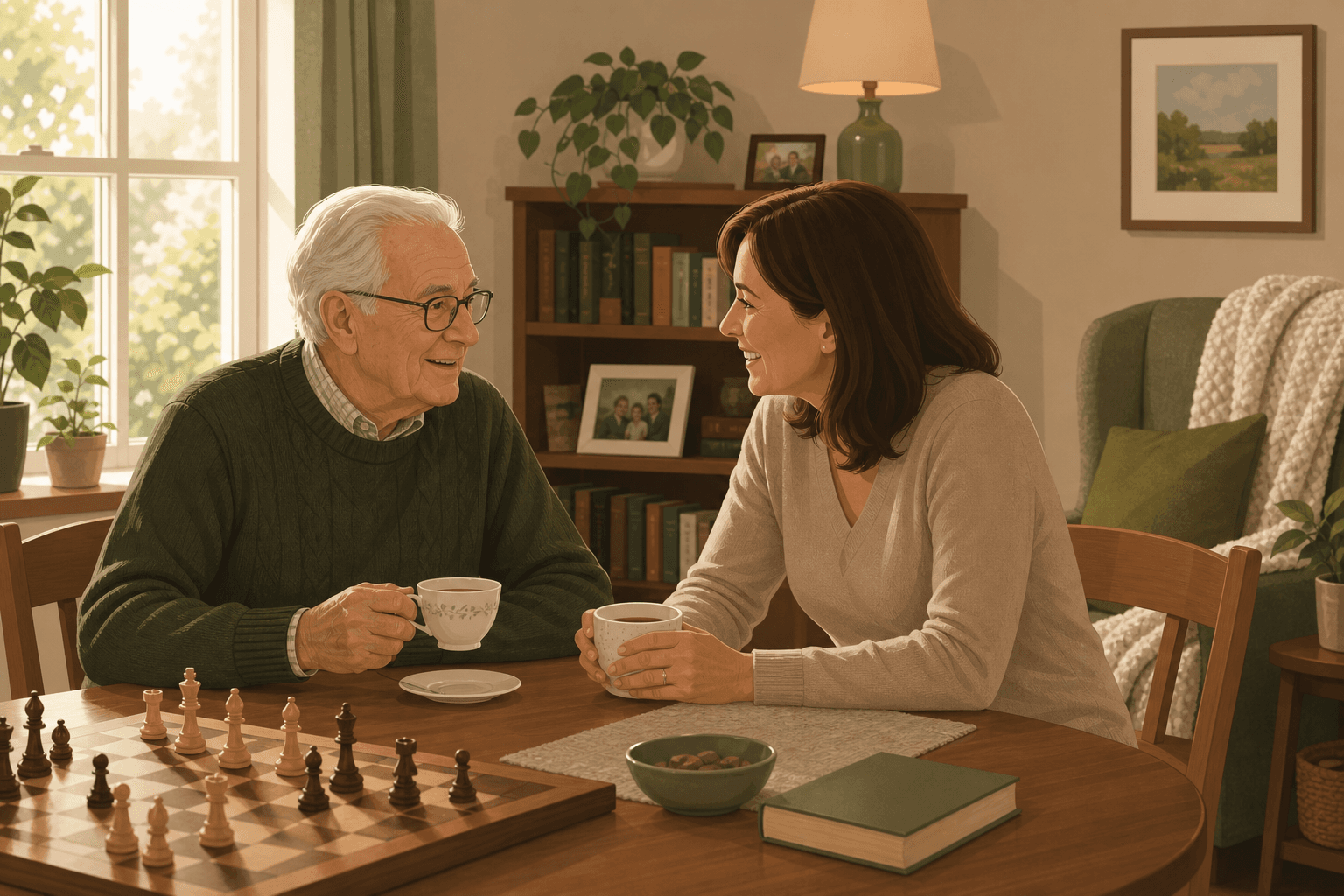An elderly person and a companion sitting at a sunlit dining table in a cozy living room, sharing tea and talking.