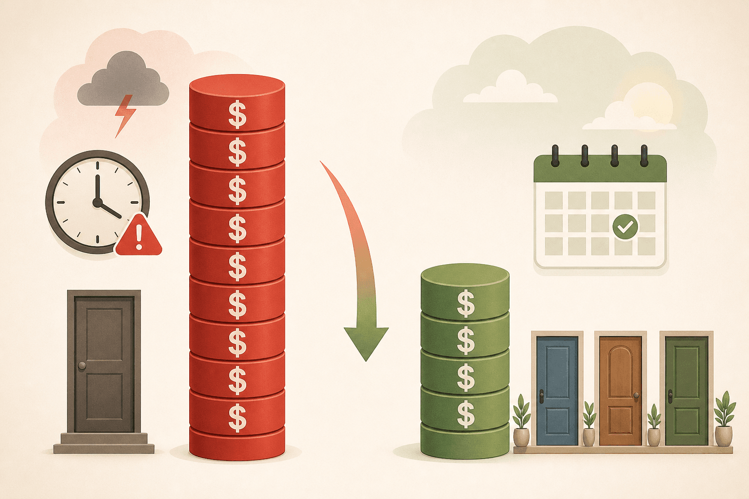 Editorial illustration comparing crisis vs planned placement costs: tall red column with dollar signs and a single door icon on the left, shorter green column with multiple door icons on the right, with a downward arrow suggesting savings.