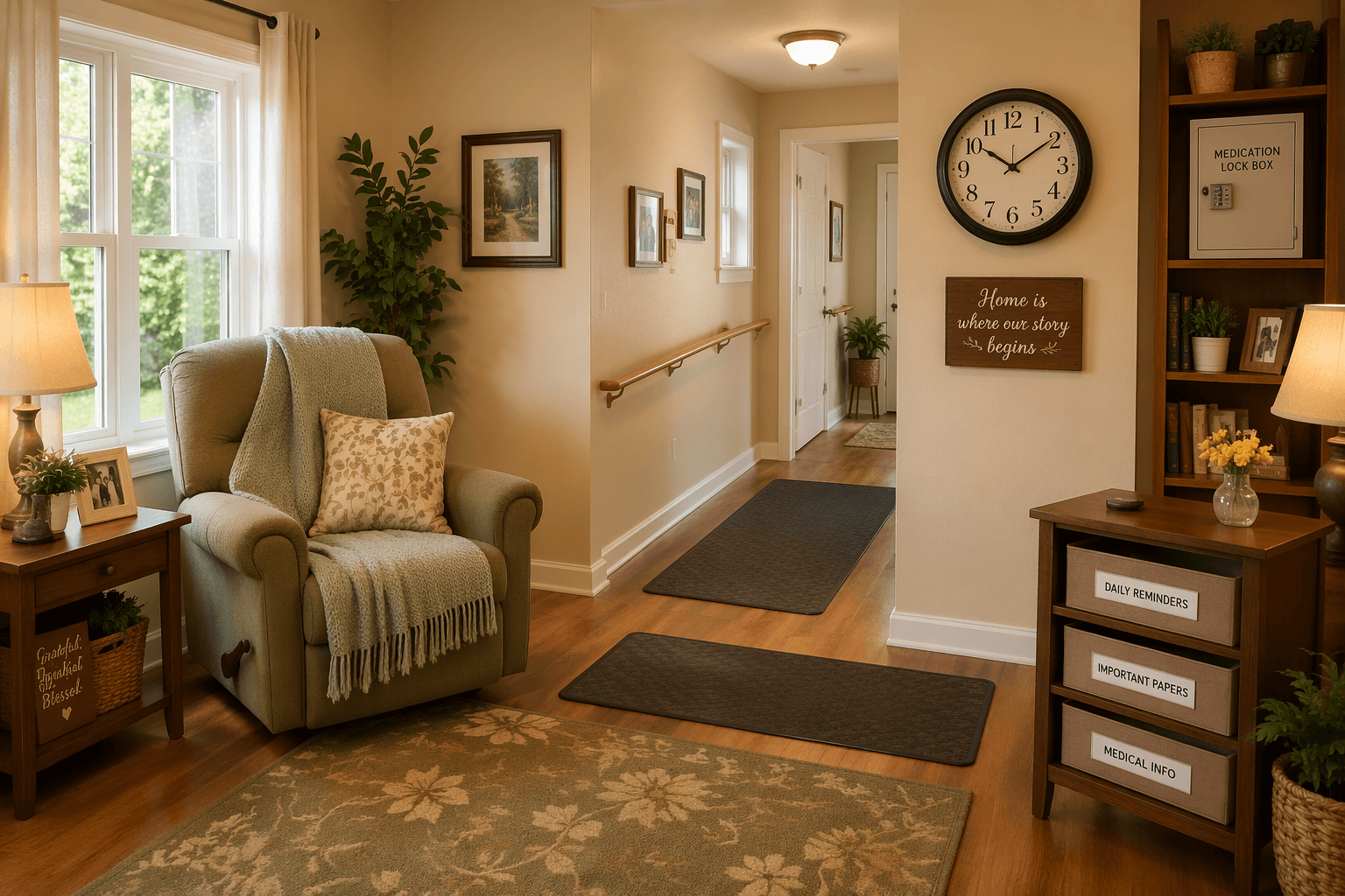 A cozy senior-safe living room with a clear clutter-free pathway, a handrail along a hallway, natural light from windows, non-slip floor mats, and a large-numbered wall clock.