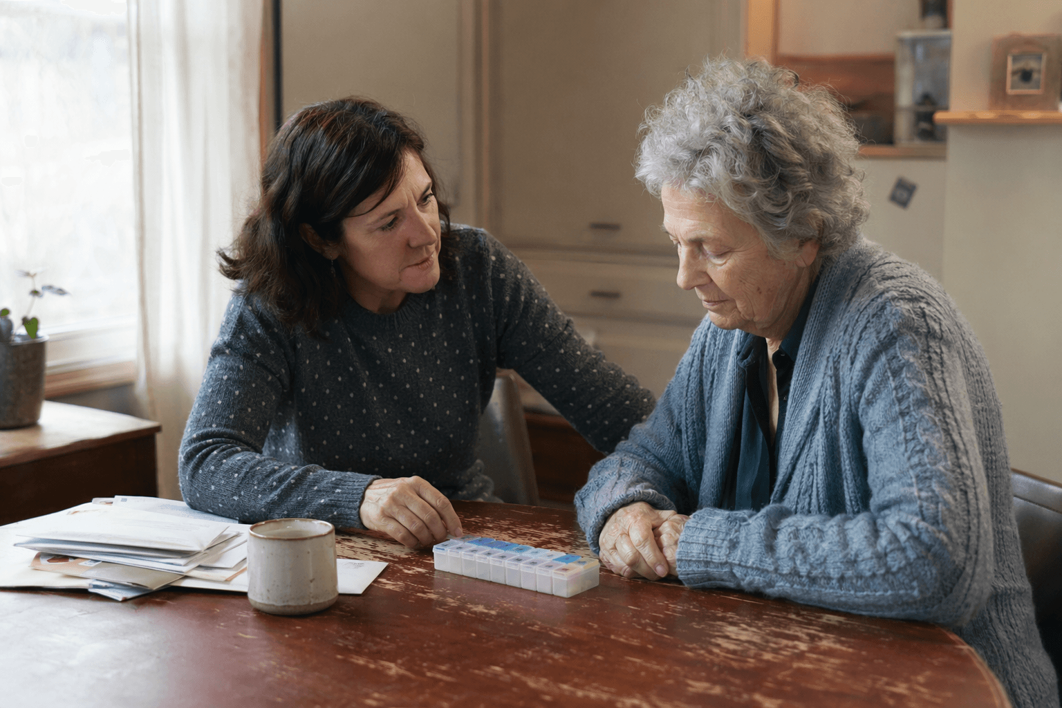 A middle-aged daughter and elderly mother sit at a kitchen table with unopened mail and a pill organizer between them.