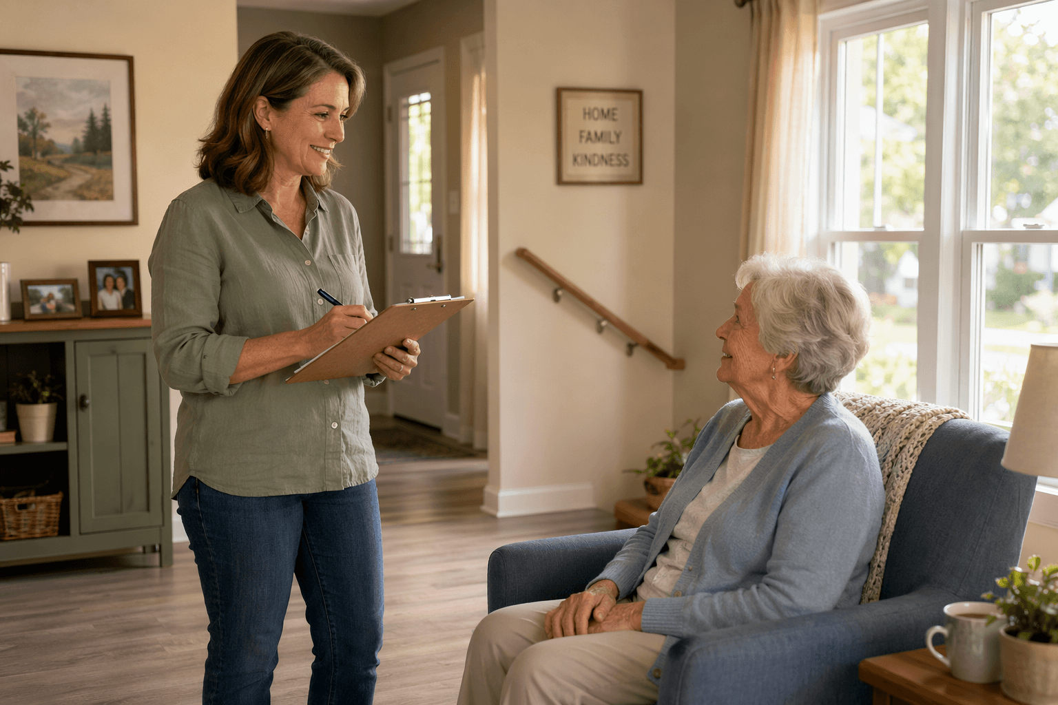 An adult child standing in a sunlit living room holding a clipboard, engaged in a calm conversation with a seated older parent. The room has clear walkways, good lighting, a wall handrail, and no throw rugs.