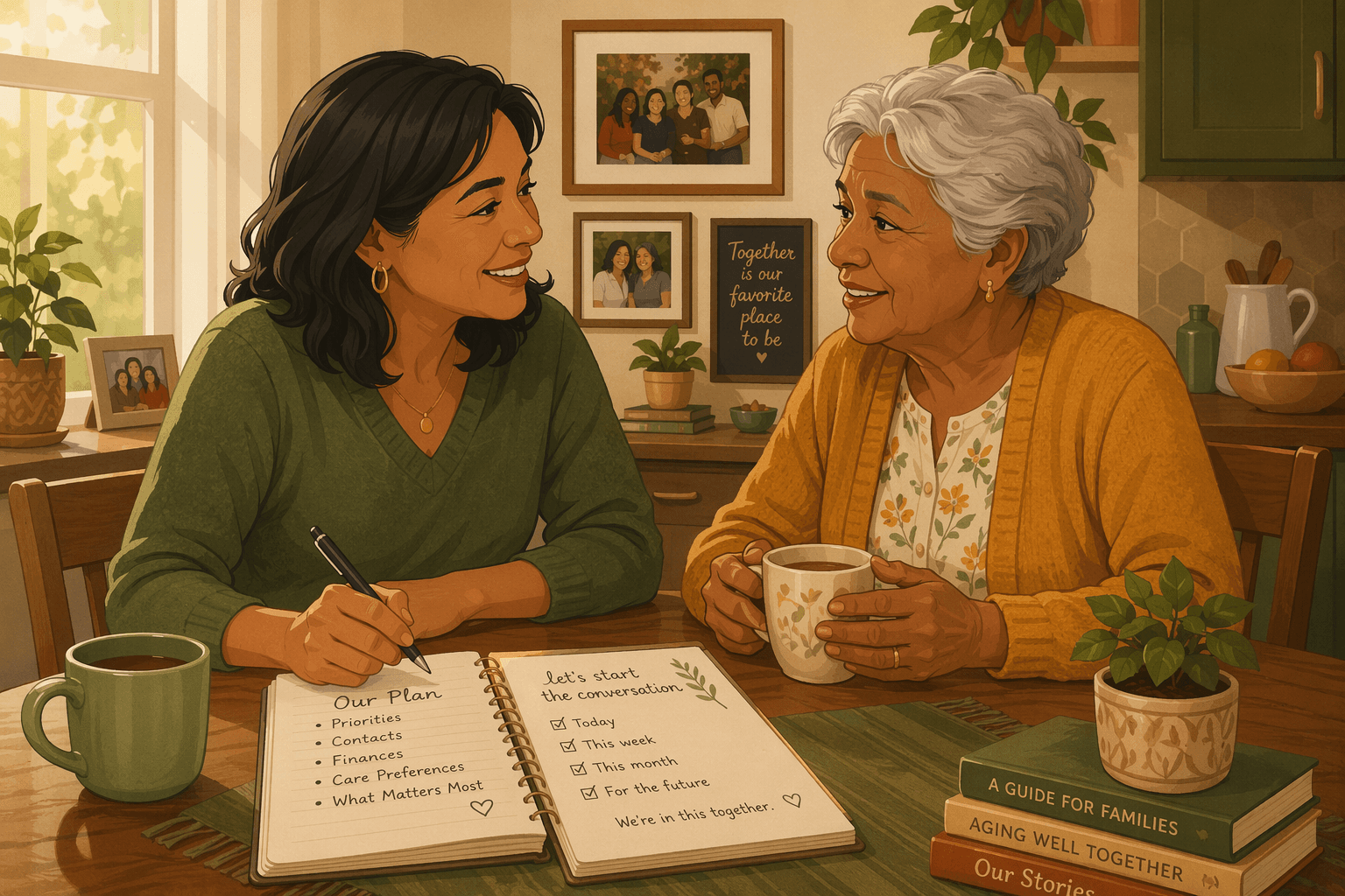 Adult daughter and elderly mother seated at a kitchen table with a notebook and checklist between them, soft natural light, family photos on the wall, warm earth-tone illustration conveying partnership and conversation.