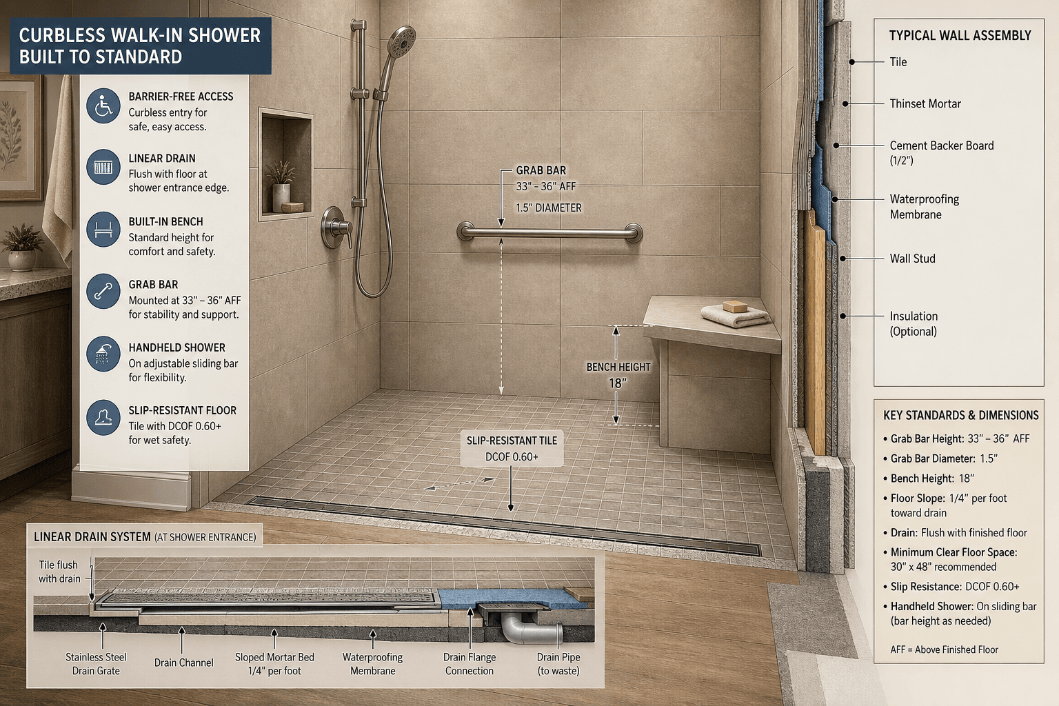 Architectural cutaway illustration of a curbless walk-in shower showing a linear drain flush with the floor, an 18-inch built-in bench with dimension line, a horizontal grab bar mounted at standard height with diameter callout, slip-resistant DCOF 0.60+ tile flooring, and a handheld shower head on a sliding bar
