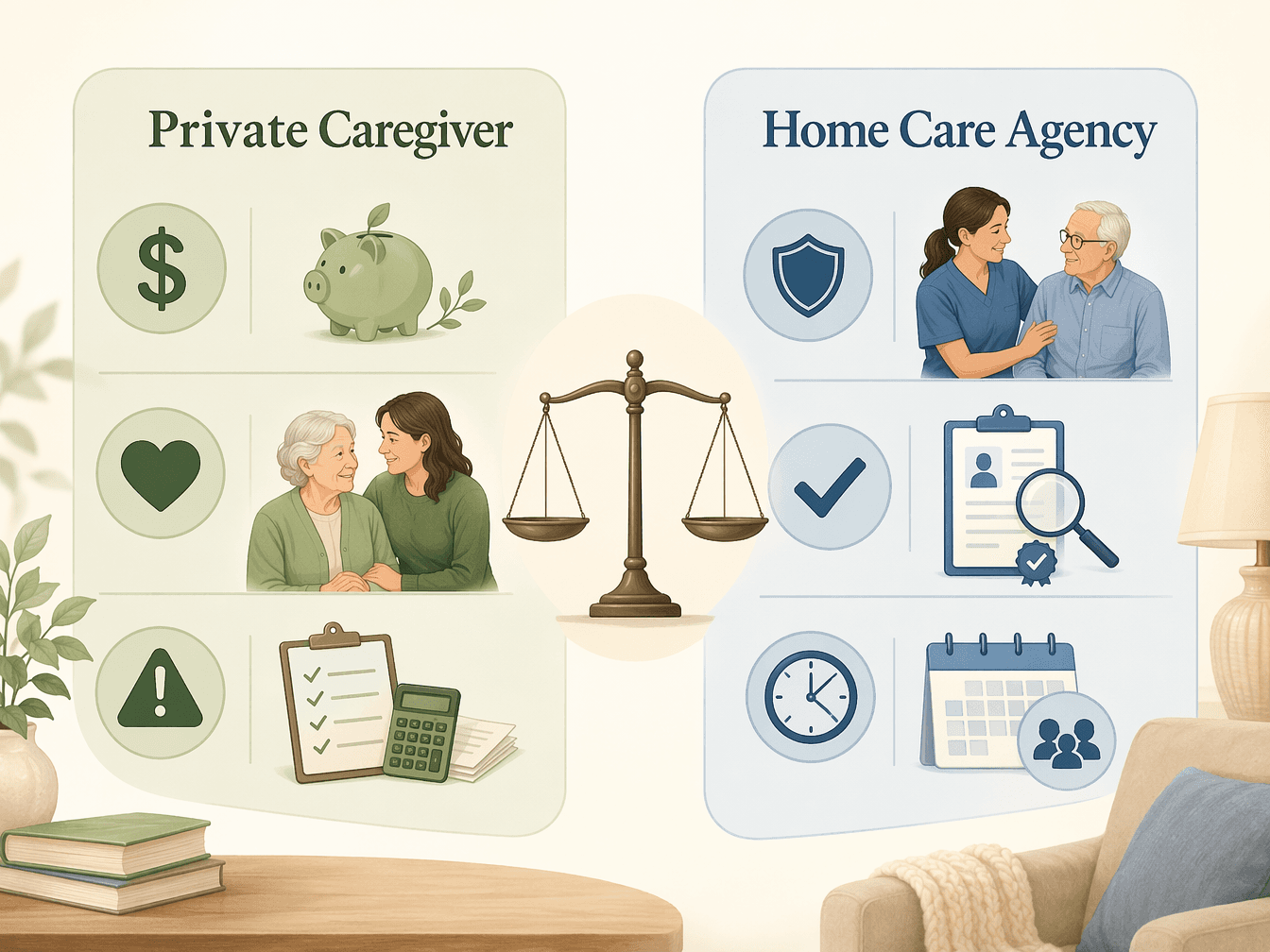 A side-by-side comparison illustration. Left side shows private caregiver with icons for cost savings, relationship continuity, and employer responsibility warning. Right side shows home care agency with icons for liability coverage, vetting, and backup reliability. A balanced scale sits centered between them.