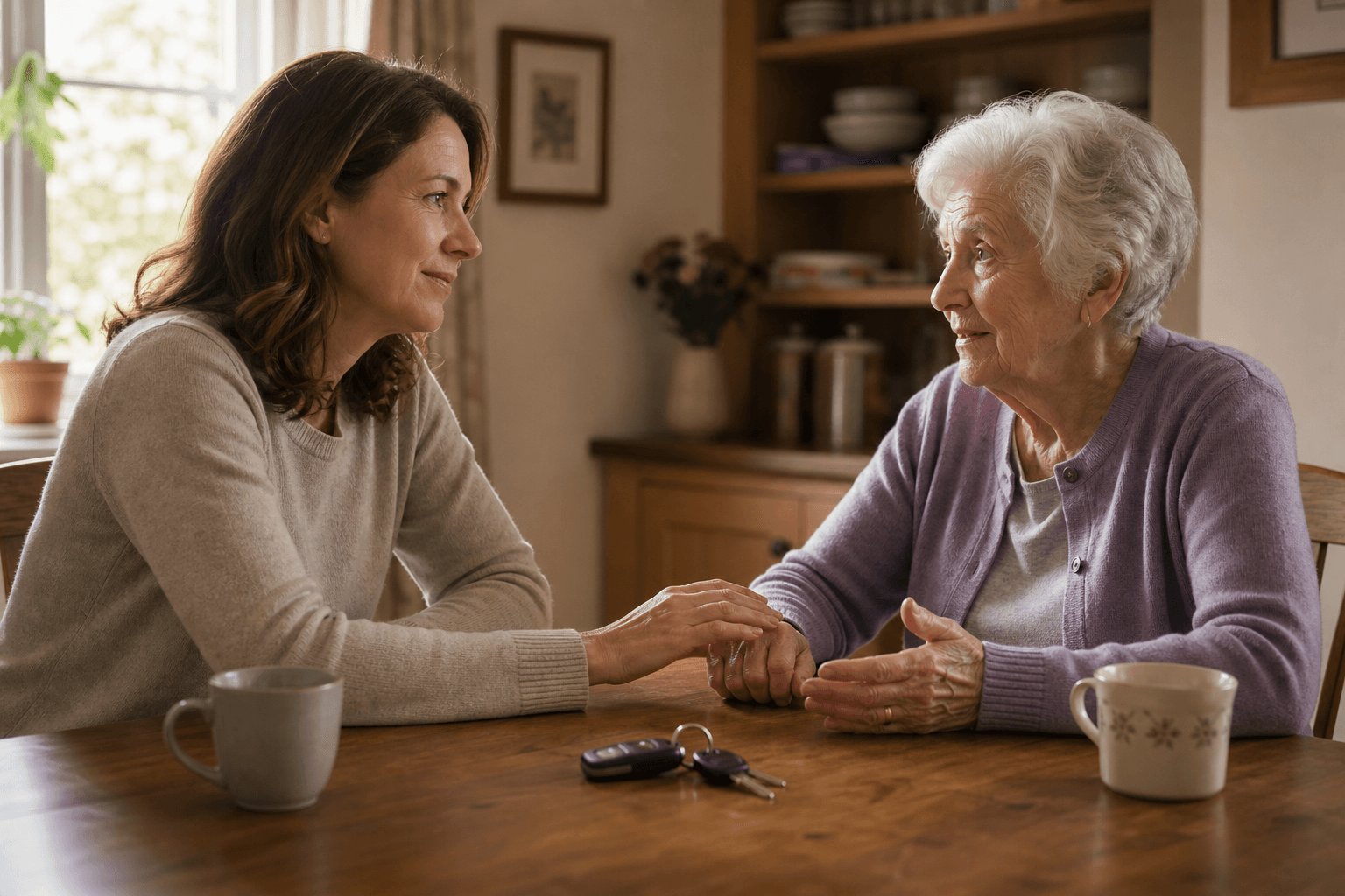 An adult child and an aging parent sit at a kitchen table having a calm conversation with a set of car keys resting on the table between them.
