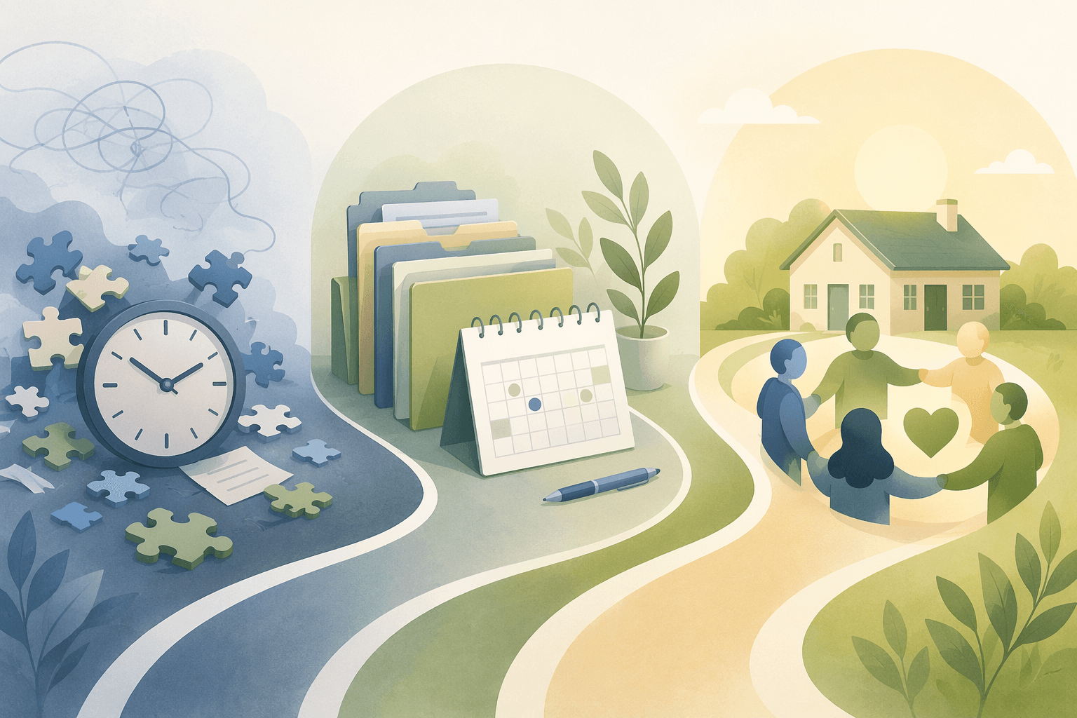 Three-part illustration of caregiving moving from scattered tasks to organized planning to a support network around a home