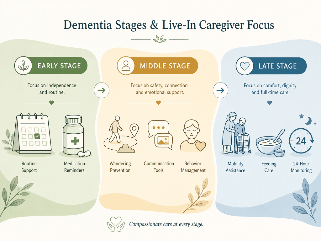 Three-panel editorial graphic showing dementia progression stages: Early Stage with a soft green background and icons for medication and calendar, Middle Stage with an amber background and icons for wandering prevention and communication, Late Stage with a blue background and icons for mobility assistance and 24-hour monitoring.