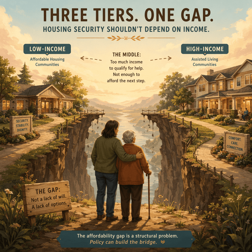 A warm editorial illustration showing three income tiers: a low-income path leading to a secure building, a high-income path leading to comfortable assisted living, and a large middle section where a middle-aged adult child and their elderly parent stand on a cliff edge looking across a gap with a missing bridge, visualizing the affordability gap as a structural problem.