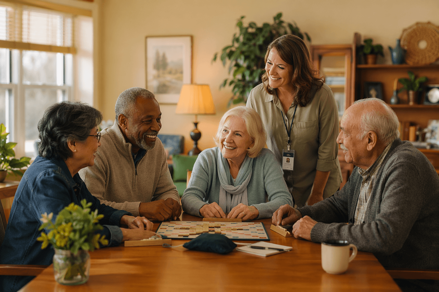 A small group of older adults seated around a table playing a board game in a warm, well-lit adult day center with comfortable chairs and homelike decor.