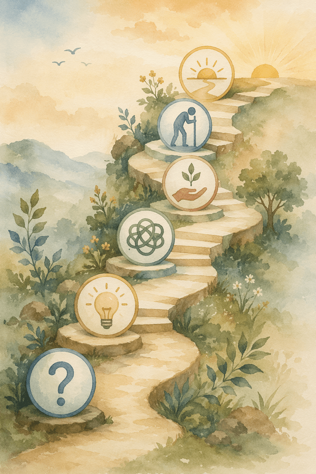 A watercolor-style illustration showing six stages of a caregiving emotional journey — Confusion, Realization, Frustration, Acknowledgment, Collapse, Acceptance — depicted as a winding ascending path with abstract icons at each stage.