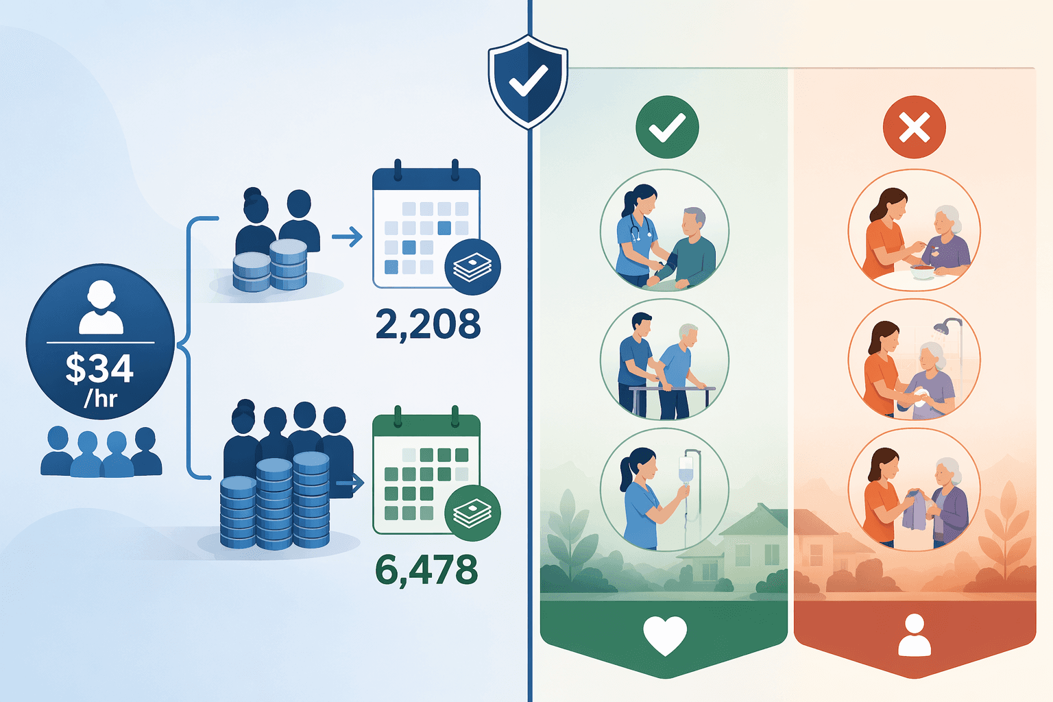 Illustration of hourly home care costs stacking into monthly totals beside covered skilled care and uncovered custodial care