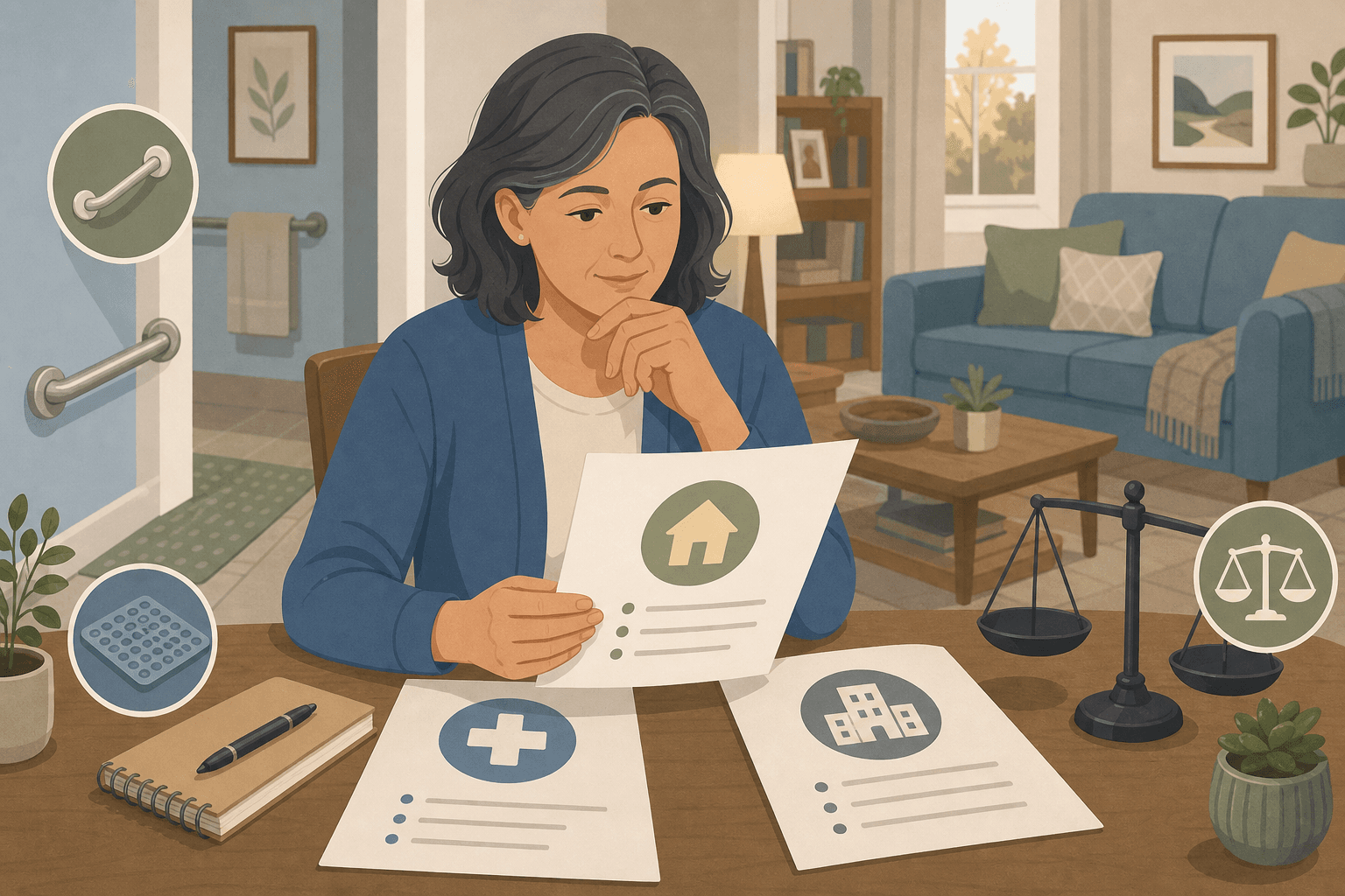 An adult child caregiver reviewing elderly care options documents at a kitchen table, with subtle fall-prevention icons in the background.