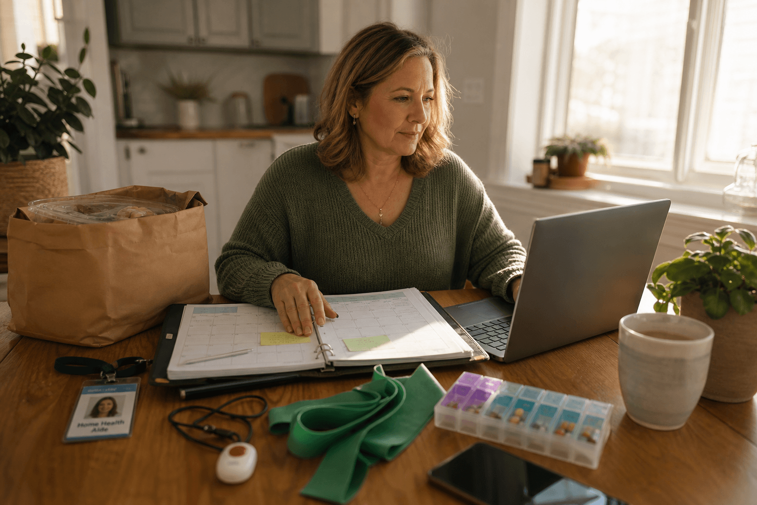 An adult child in her 40s sits at a sunlit kitchen table with a laptop, paper calendar, and smartphone, surrounded by visual cues of multiple care services — a home health aide badge, meal delivery bag, medical alert pendant, resistance band, and medication organizer — with one hand on a central binder, conveying a calm, purposeful coordination scene in warm earth tones.