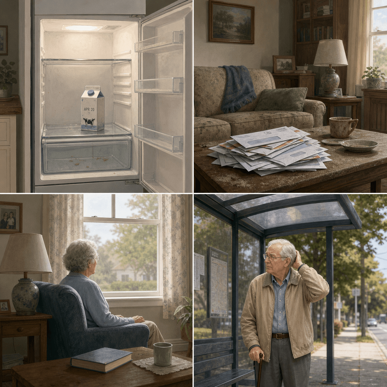 Four quadrants showing everyday warning signs: an empty refrigerator, a cluttered living room, an older adult sitting alone, and an older adult at a bus stop.
