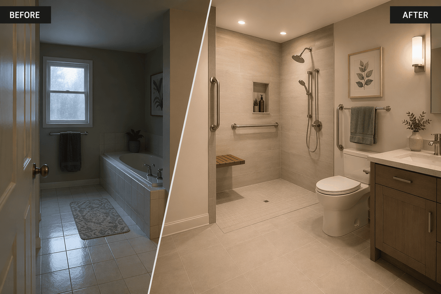 Diagonal split view of a bathroom: left side dim with traditional tub, round doorknob, glossy tile, throw rug, no grab bars; right side bright with curbless walk-in shower, teak bench, brushed nickel grab bars, comfort-height toilet, matte tile, lever faucet, warm lighting.