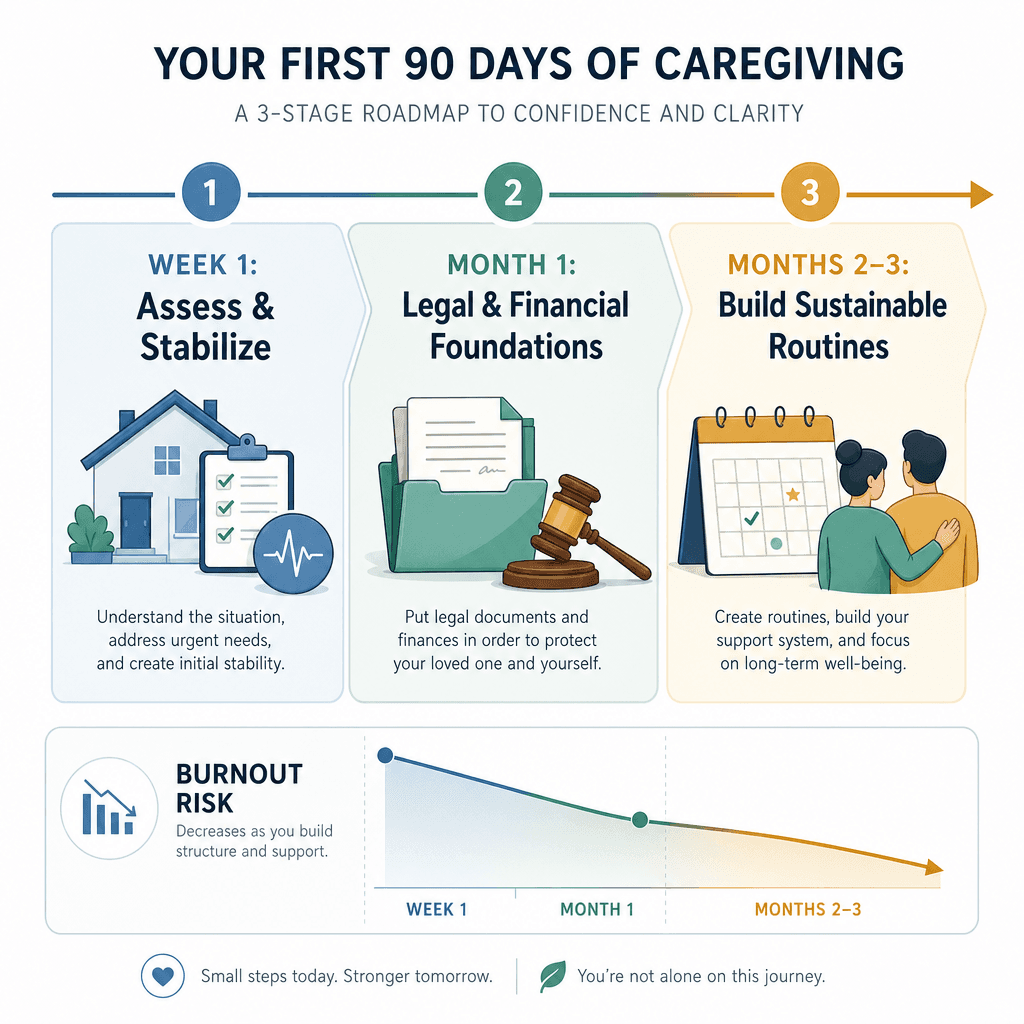 A clean horizontal editorial infographic showing a three-stage 90-day caregiving roadmap: Week 1 Assess & Stabilize, Month 1 Legal & Financial Foundations, Months 2-3 Build Sustainable Routines.