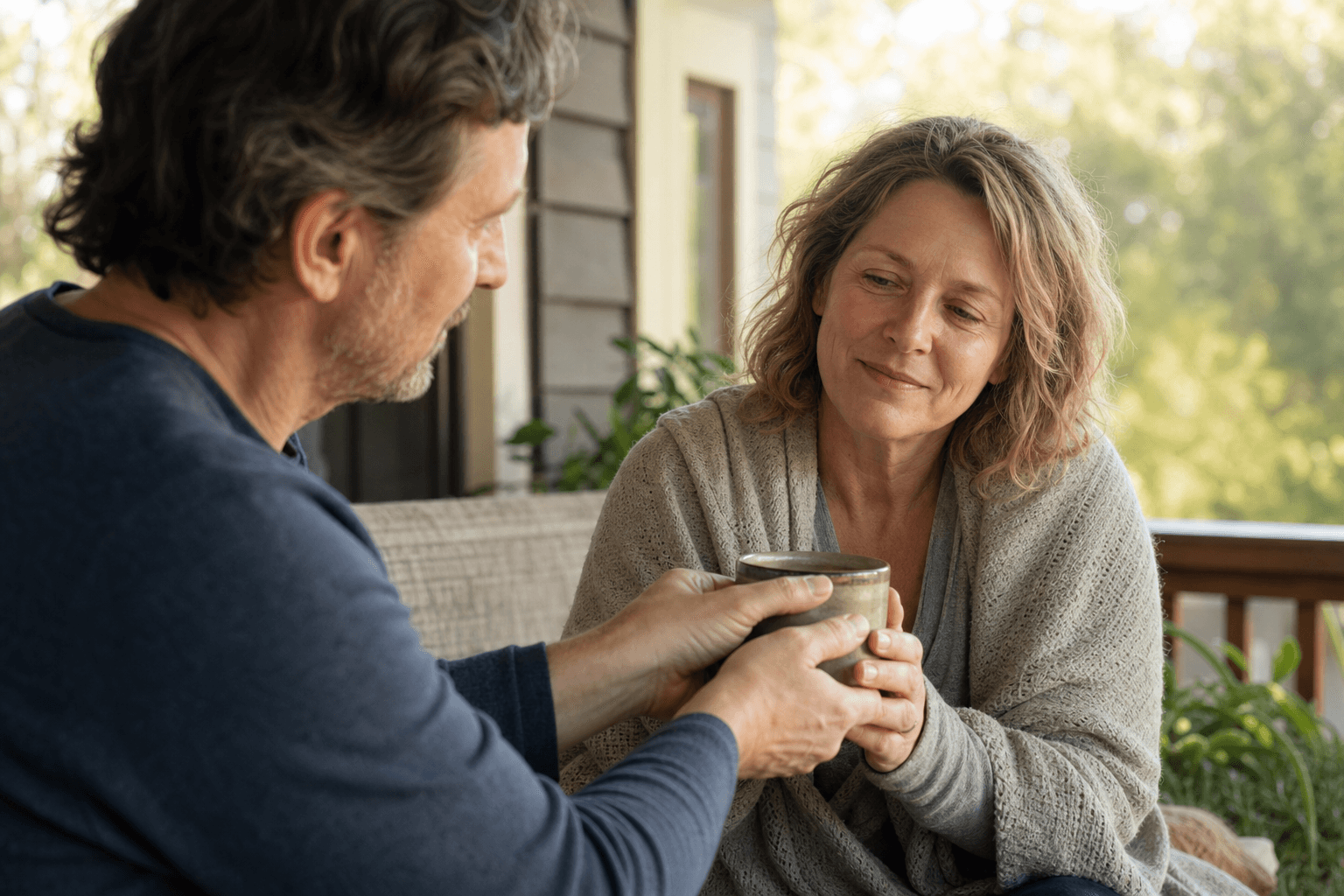 Two adults in their late 40s sit together on an outdoor bench in afternoon light, one handing a warm cup of tea to the other, who accepts it with a tired but genuine smile.