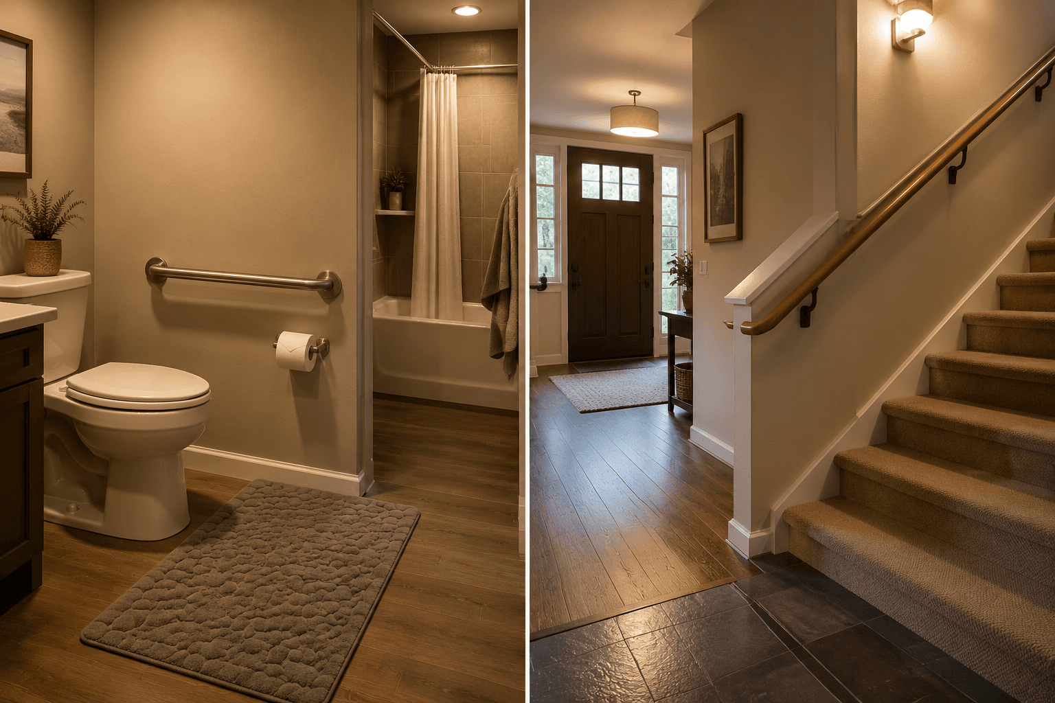 Bathroom grab bar, staircase handrail, and well-lit entryway showing priority home safety areas
