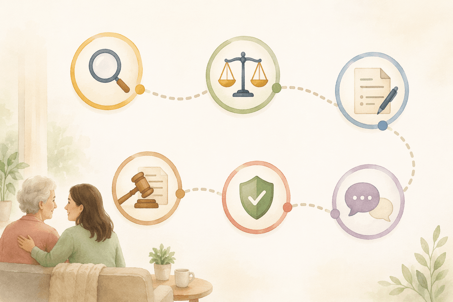 A flowing process-path editorial illustration with six minimalist icon nodes arranged along a gentle zigzag route, depicting magnifying glass, scale, document, conversation bubble, shield, and gavel icons representing the hiring journey from assessment to legal essentials.