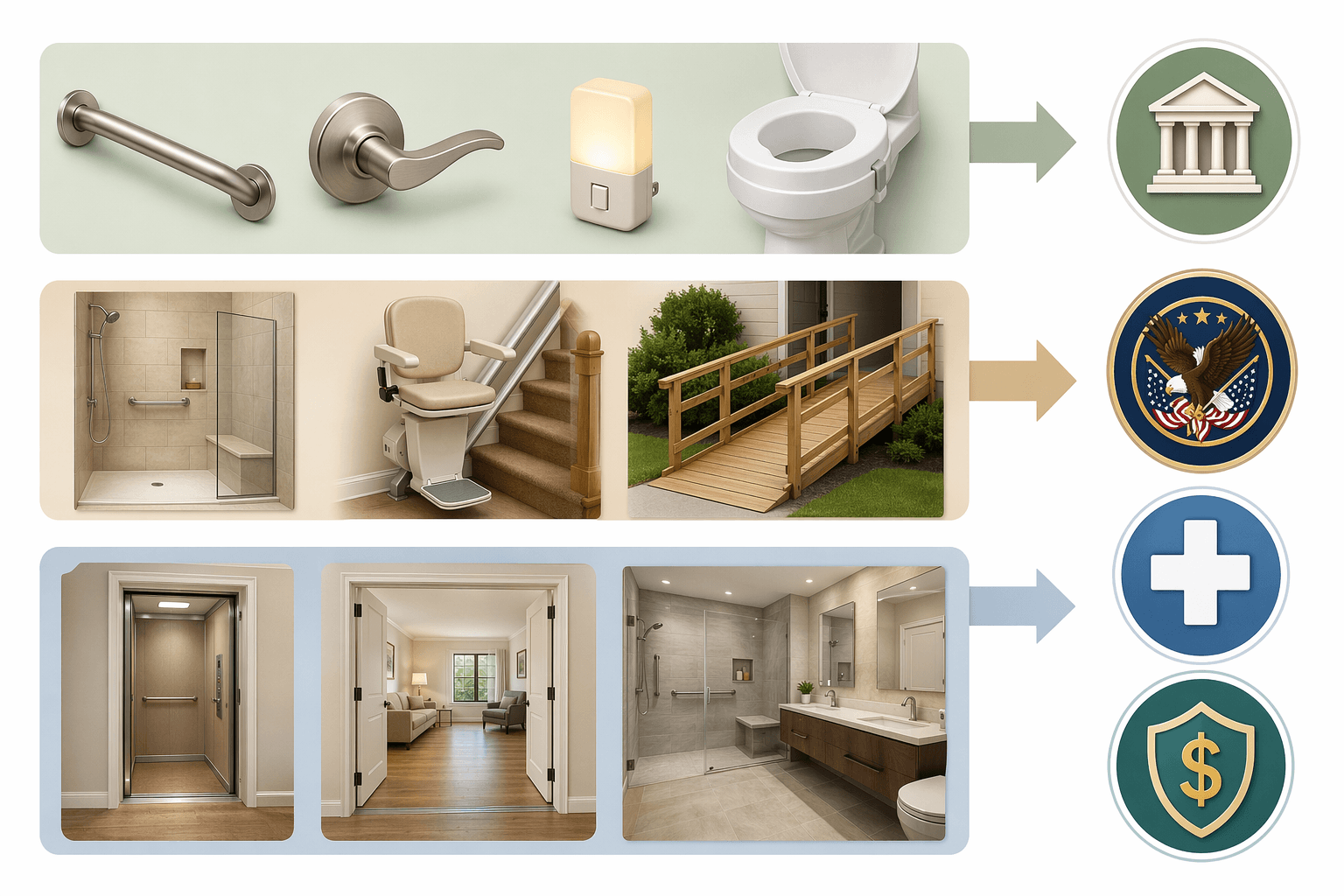 Three cost tiers for aging-in-place modifications with common projects and funding source icons