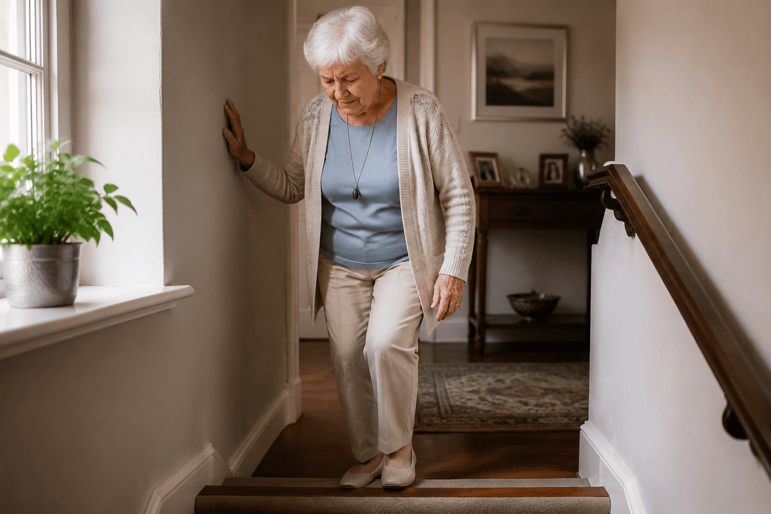 An older woman hesitates at the top of a staircase with one hand on the wall for support