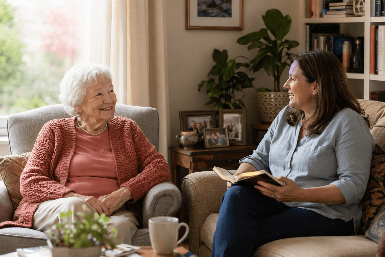 An older adult seated in a cozy armchair in a bright living room with a caregiver nearby on a sofa, creating a warm atmosphere of companionship and aging in place.