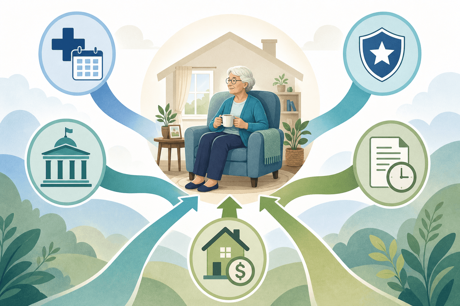 An editorial illustration showing multiple payment pathways converging toward an older adult figure at home.