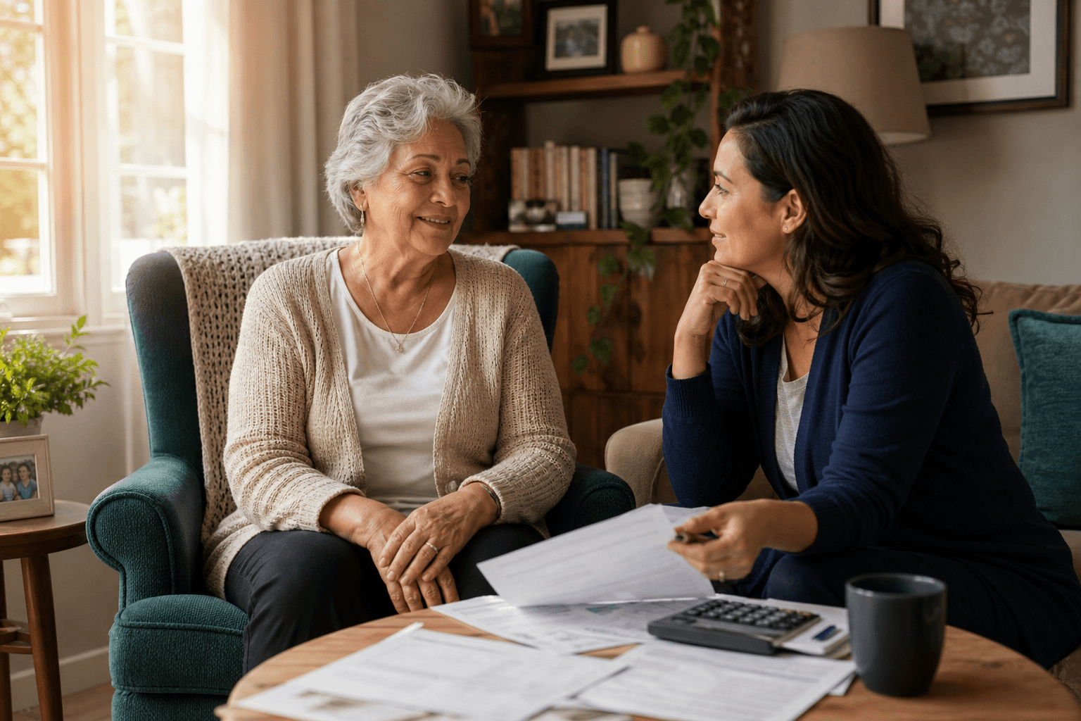 A warm living room scene with an older adult in an armchair near a sunlit window and a younger family member beside them at a small table with papers and a calculator, conveying a caring home care planning moment.