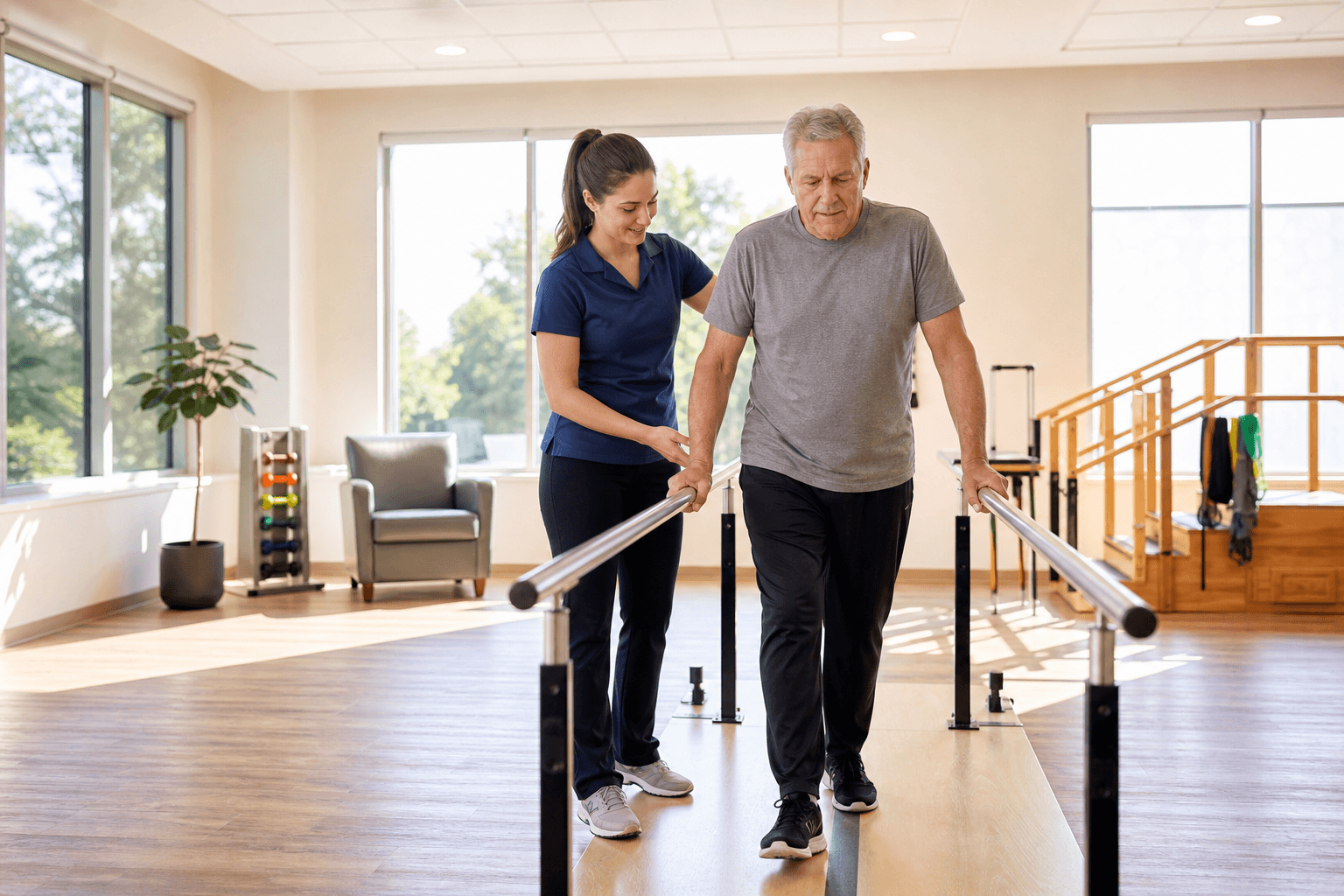 A modern physical therapy room in a senior rehabilitation center. An older adult works with a physical therapist near parallel bars. Large windows, warm neutral colors, hardwood-style flooring, and exercise equipment create an encouraging, well-equipped therapy environment.