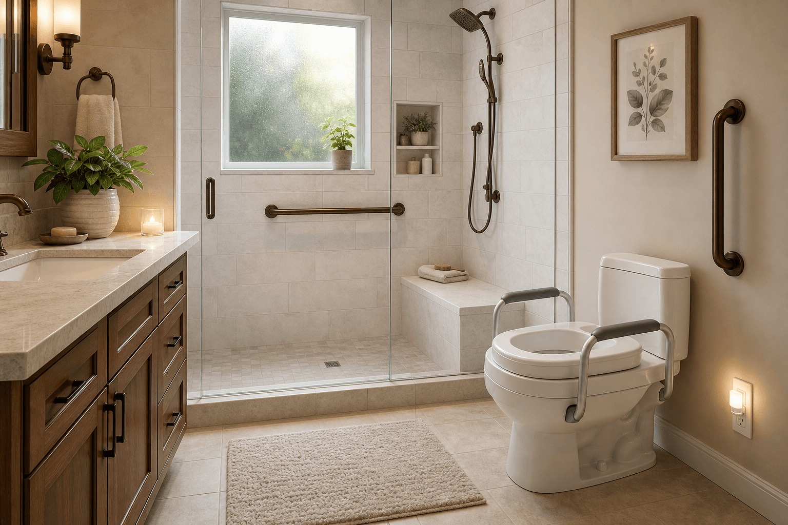 A bright, spa-like senior-safe bathroom with a walk-in shower featuring a built-in bench and bronze grab bar, a raised toilet with armrests, a textured nonslip bath mat, and warm residential finishes.