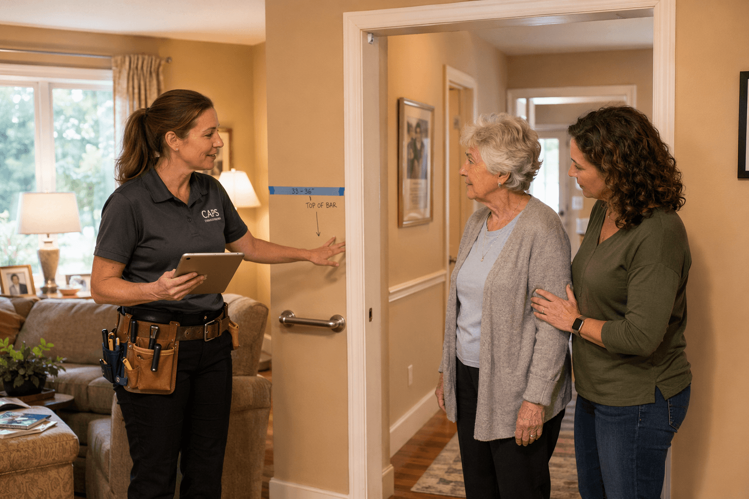 A CAPS-certified professional measures a doorway as an older adult with a cane and an adult child caregiver observe in a warm, naturally lit living room.