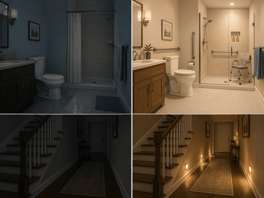 A split illustration comparing an unadapted bathroom on the left with an adapted bathroom on the right. The adapted side features a grab bar, raised toilet, shower chair, non-slip flooring, and brighter lighting. Below, a hallway with stair railing and motion-sensor night lights.