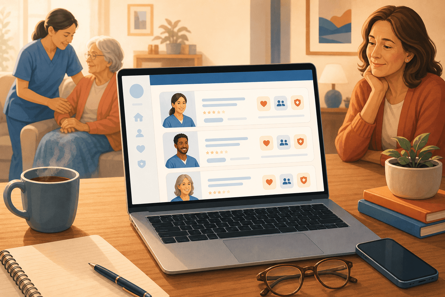 A warm-toned flat-lay on a wooden desk showing an open laptop with soft caregiver profile cards, reading glasses, a coffee mug, and a smartphone. In the soft-focus background, a caregiver assists an older adult at home on one side and a relieved family member looks on from the other.
