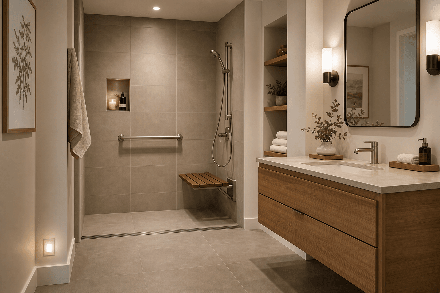 A warm modern spa bathroom with a curbless walk-in shower featuring large-format matte gray floor tile, a brushed nickel decorative grab bar mounted on the shower wall, a wall-mounted fold-down teak bench inside the shower, a sliding handheld showerhead on a polished bar, a wall-hung vanity with natural wood tones, warm recessed ceiling lighting, and a subtle wall-mounted nightlight near the baseboard.