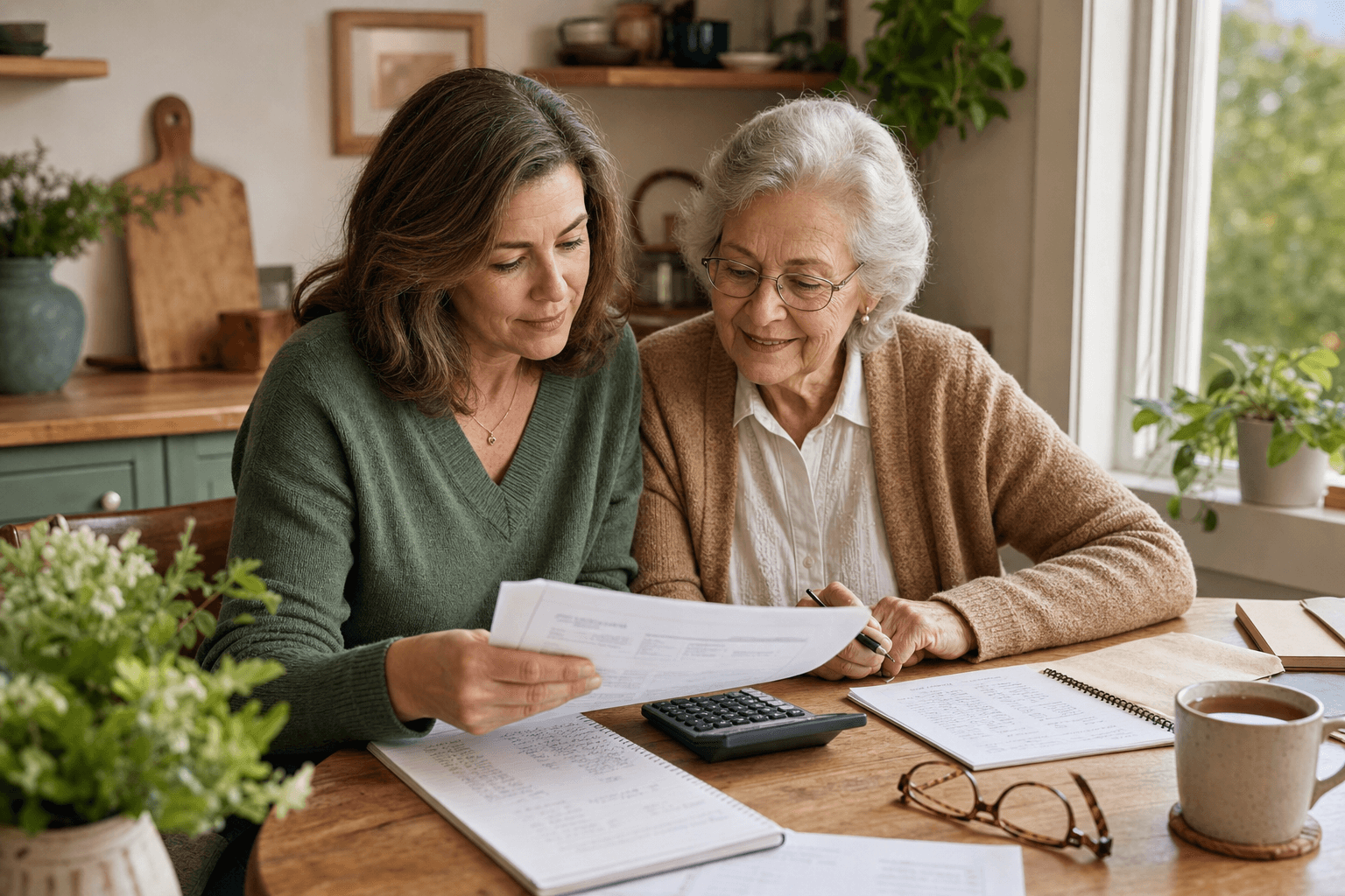 A middle-aged daughter and her elderly mother sit at a warm wooden kitchen table reviewing financial documents together.