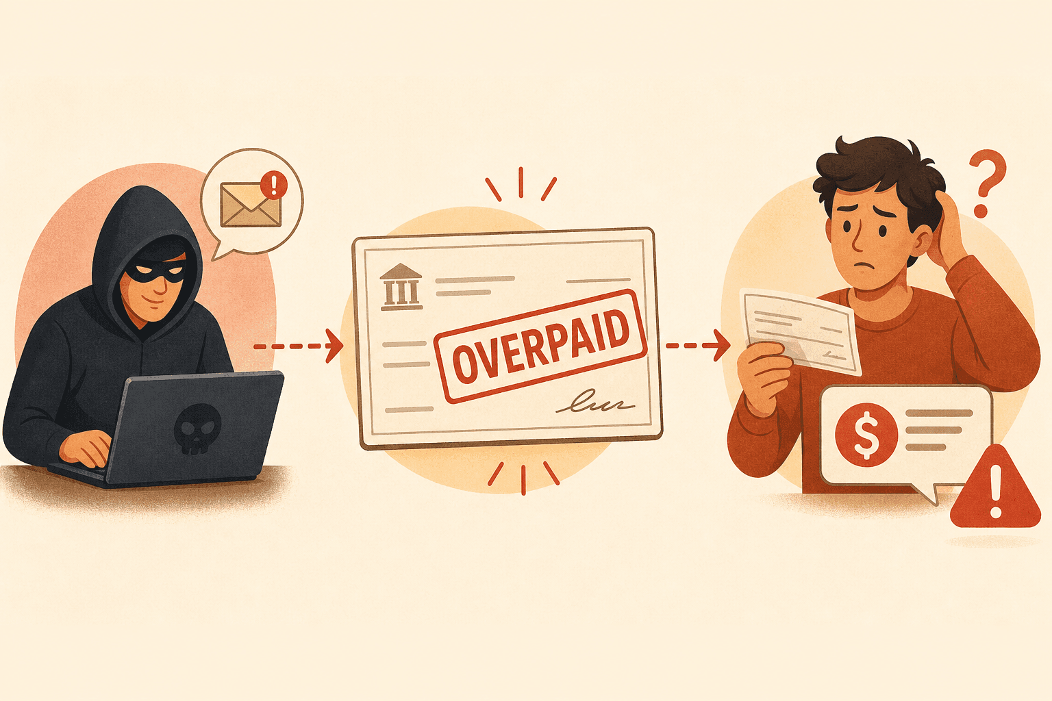 An editorial illustration showing the flow of a fake check scam. A small silhouette icon at a computer connects via a dashed arrow to a large check icon marked with an overpayment notation. Another arrow leads to a confused figure holding the check next to a money request icon.